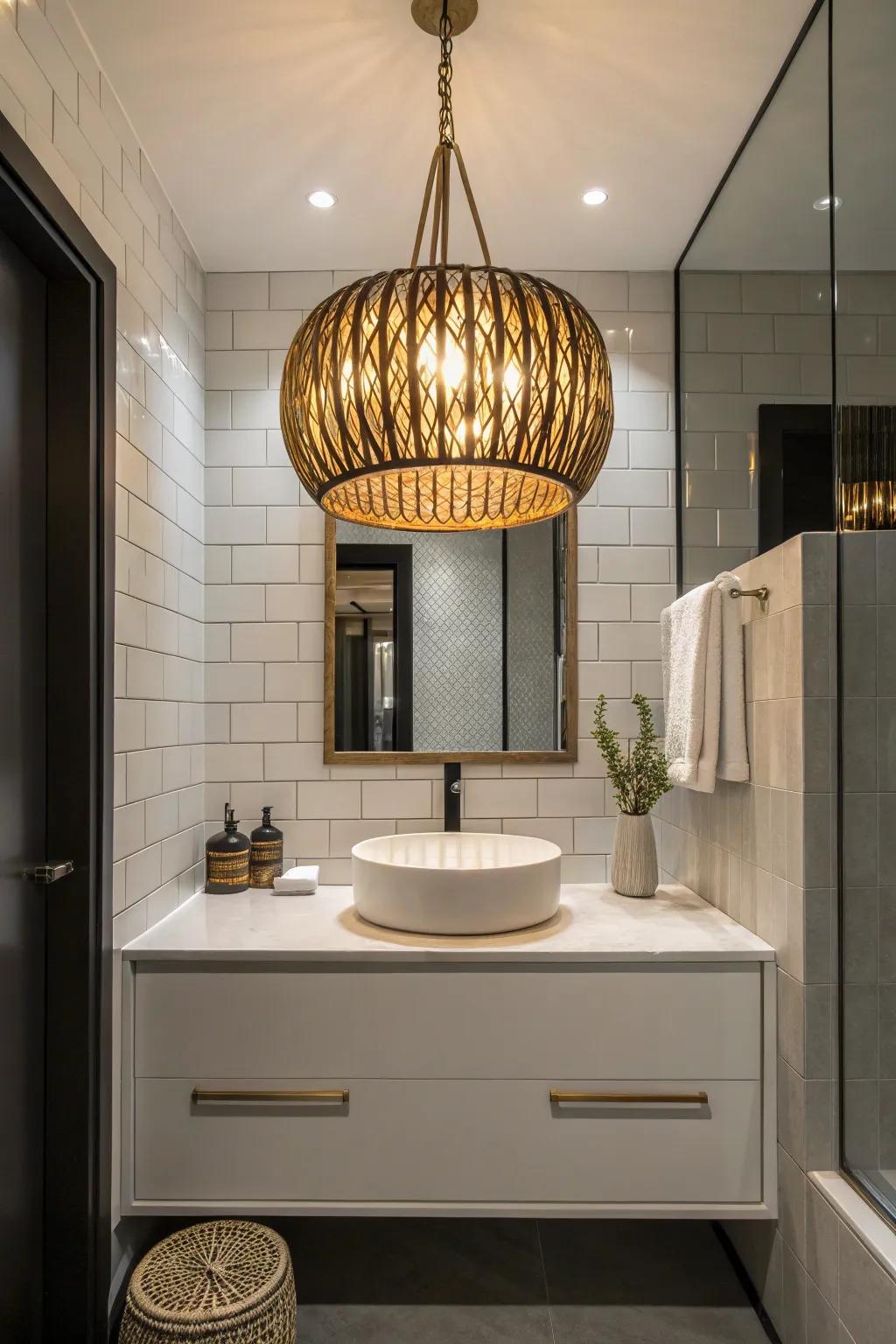 A suspended light acts as a fashionable focal point in a modern washroom.