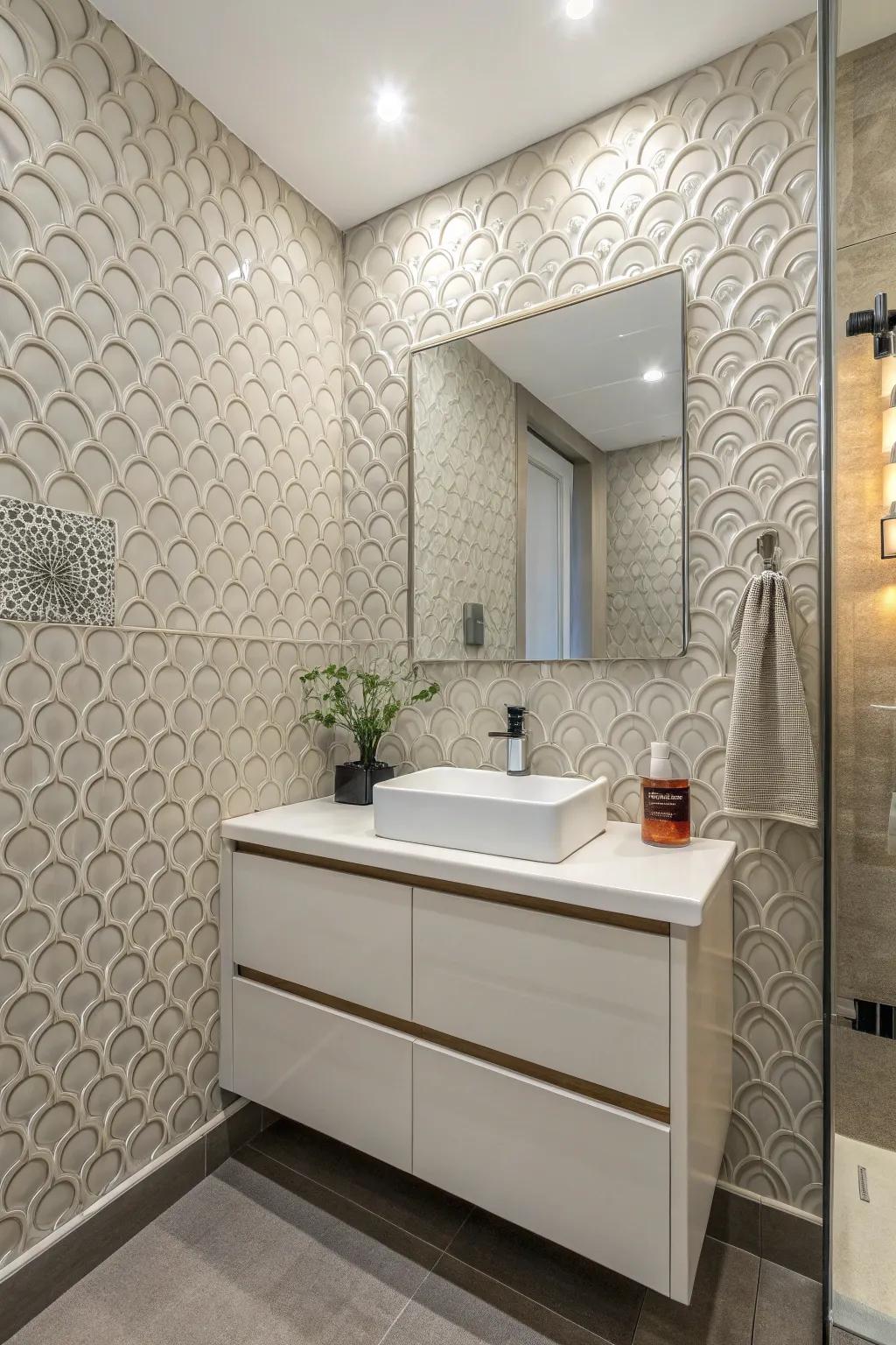 Textured tiles enhance powder room walls with depth and visual appeal.