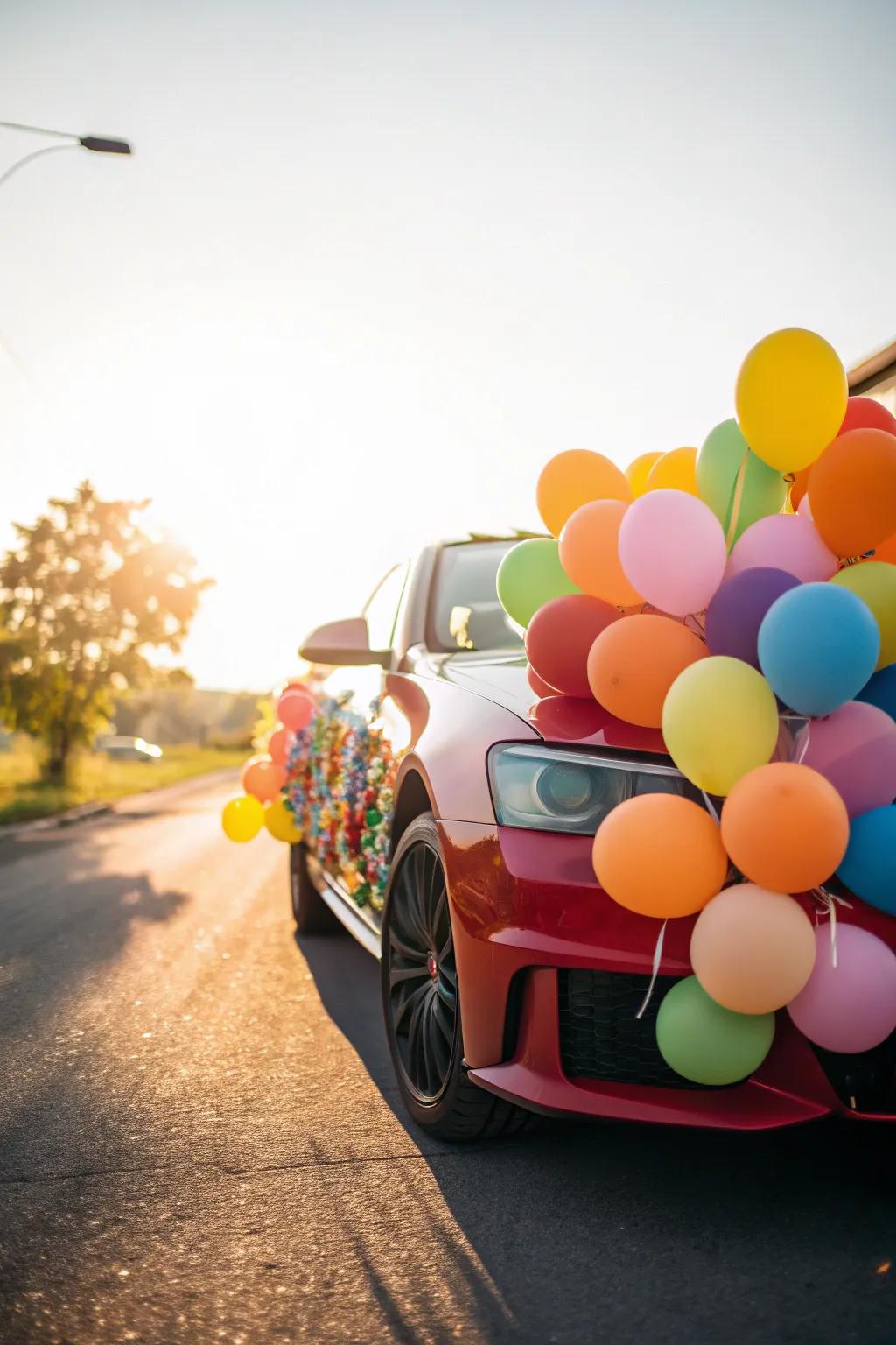 A rush of balloons brings a cheerful atmosphere to the newlyweds' car.