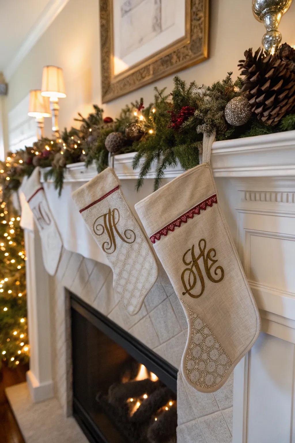 Customized hosiery imparts a personal flair to the holiday mantel.