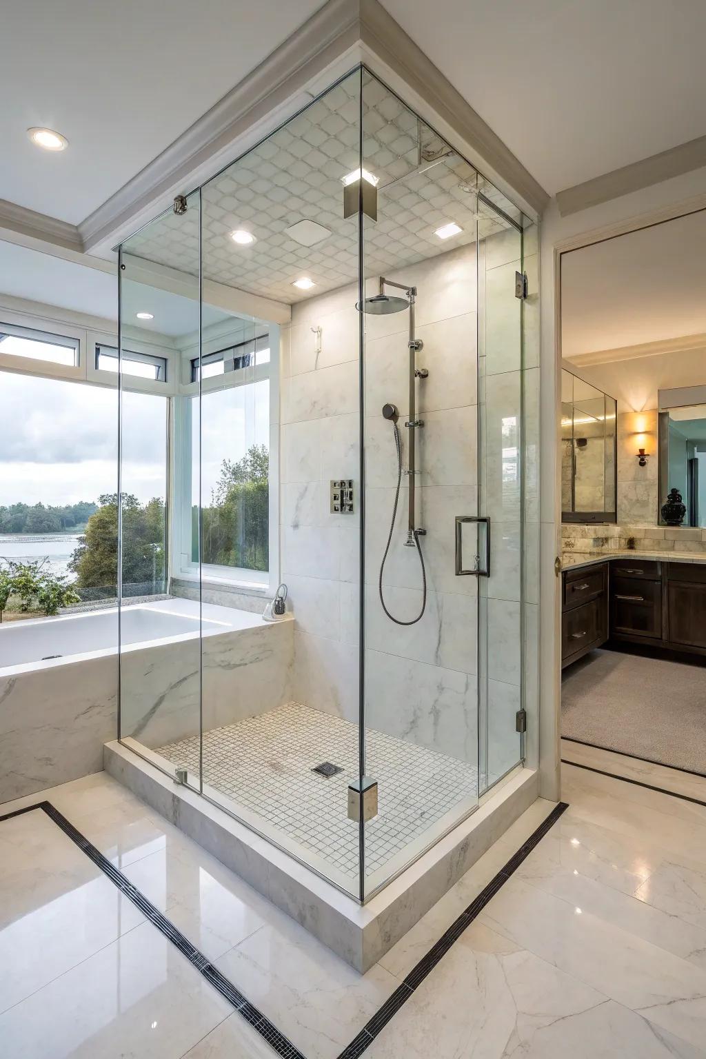 A shower enclosure framed by glass bestows a modern, spacious atmosphere.