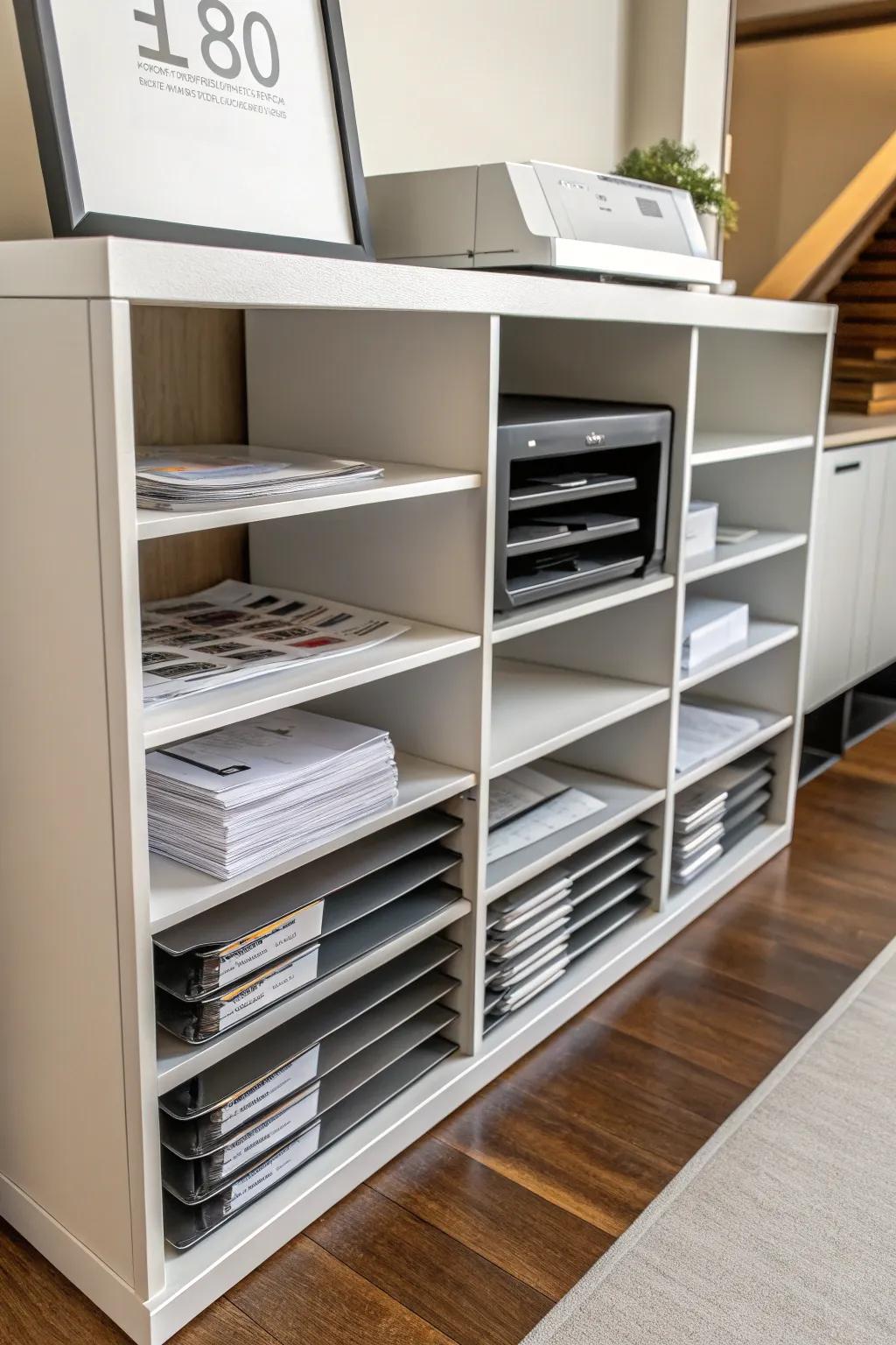Shelving divided into compartments provides an orderly paper storage solution.