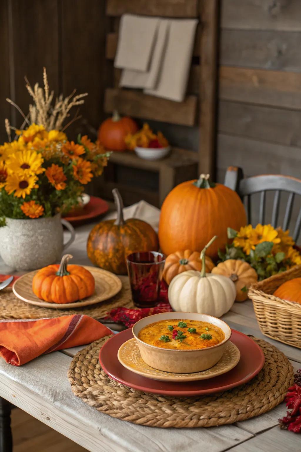 A countryside dining table featuring dishes from the autumn harvest and decorations, complete with pumpkins and gourds.