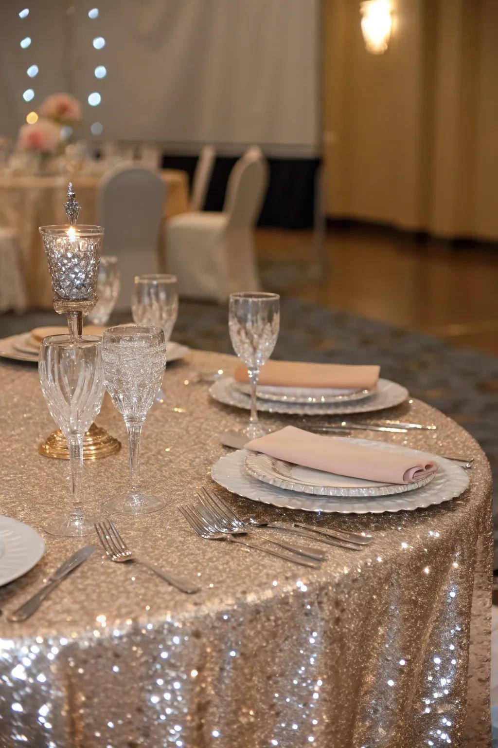Glimmering table covers introduce sparkle and allure to your prom ambiance.