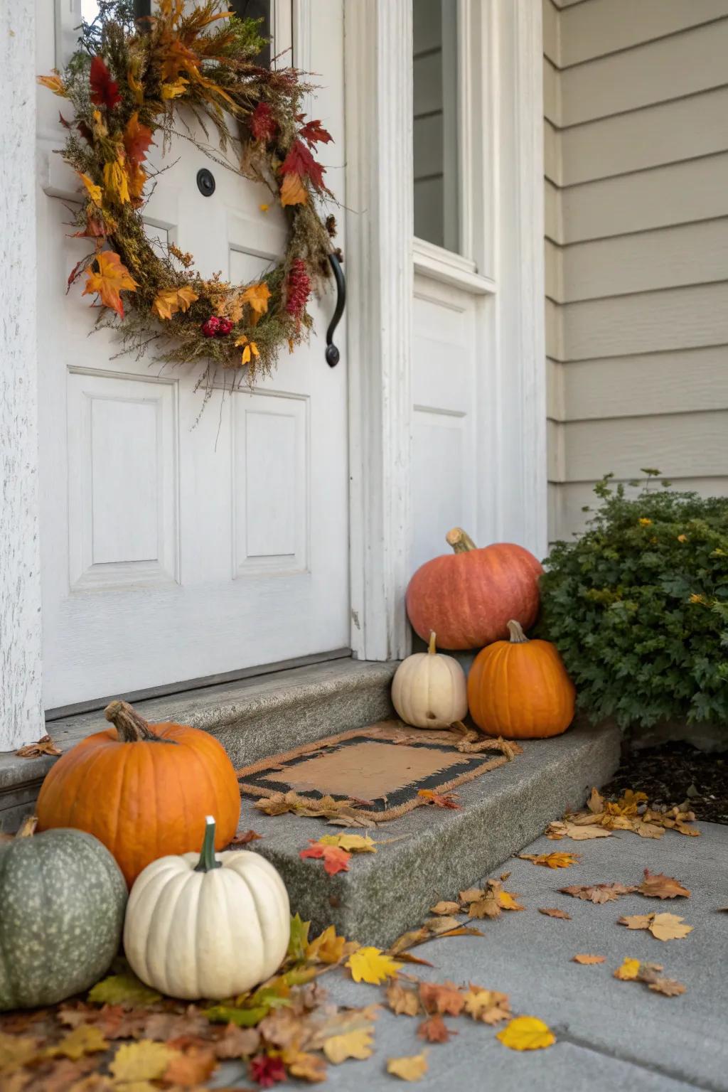A lively assortment of pumpkins enhancing the doorstep's charm.