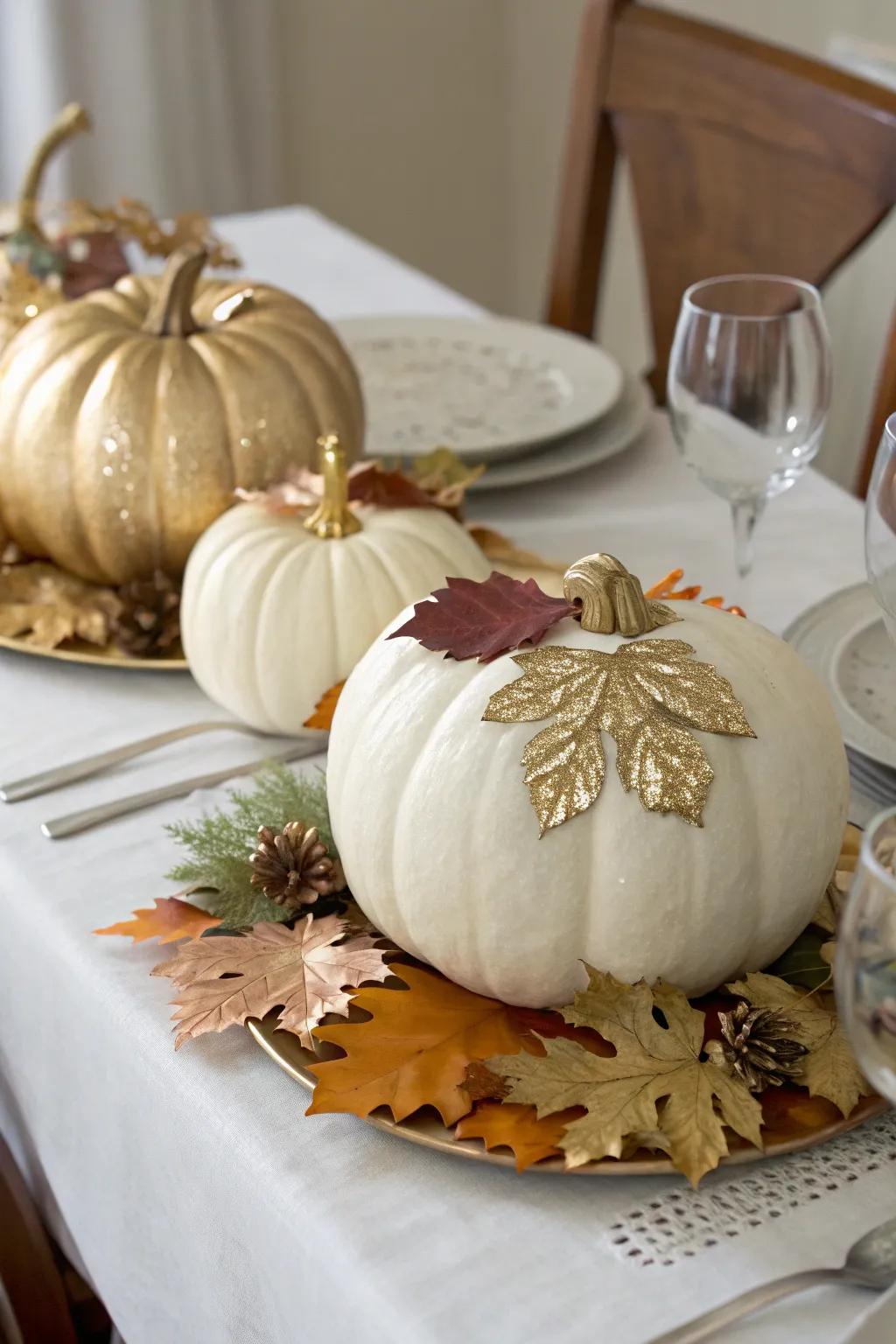 Pumpkins adorned in gilding bring a lavish radiance to your seasonal decorations.