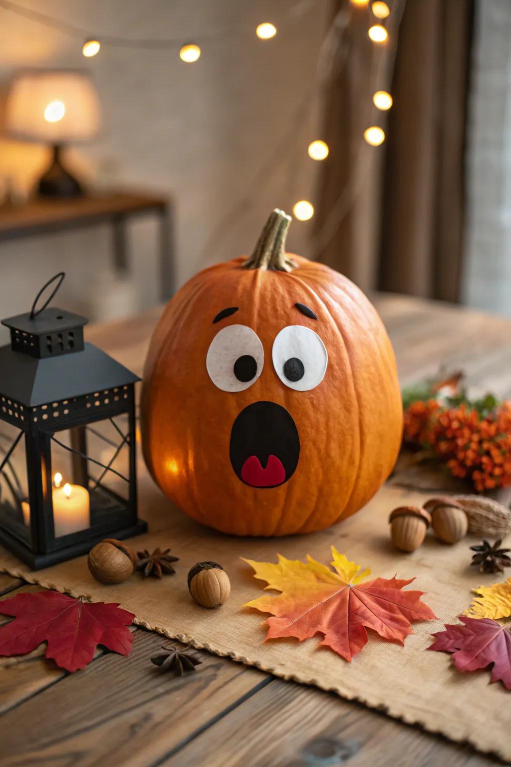 A pumpkin displaying a comically surprised expression.