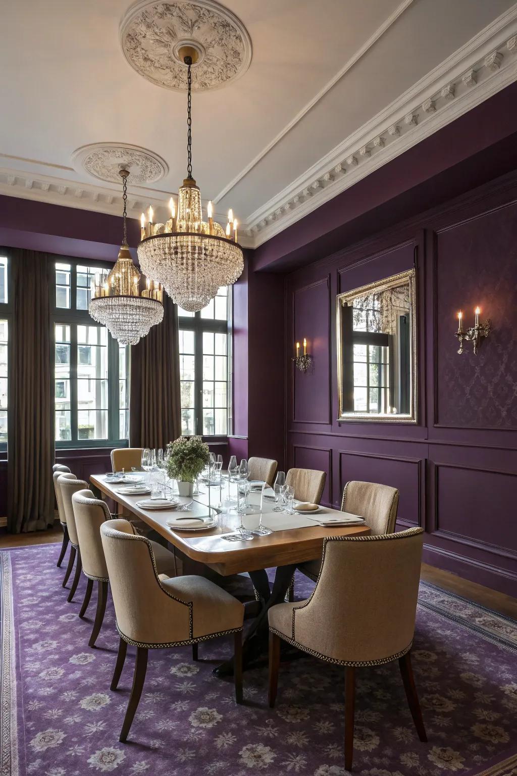 An elegant dining space with deep purple walls setting a royal tone.
