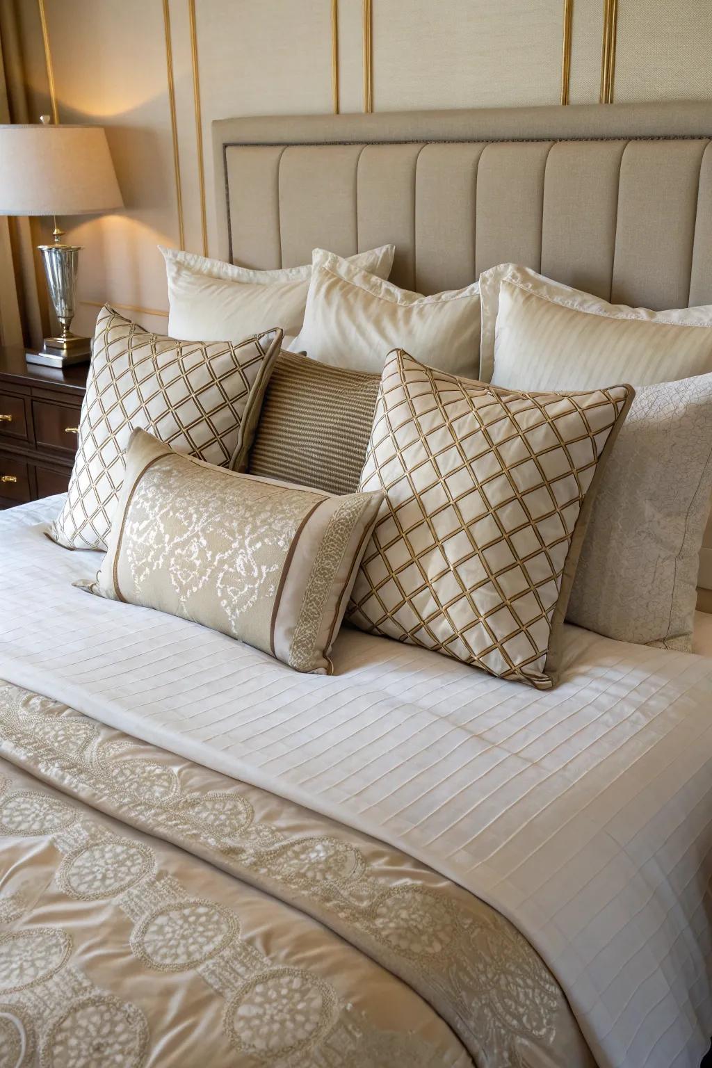 Layered pillows bring a sense of depth and elegance to a queen bed.