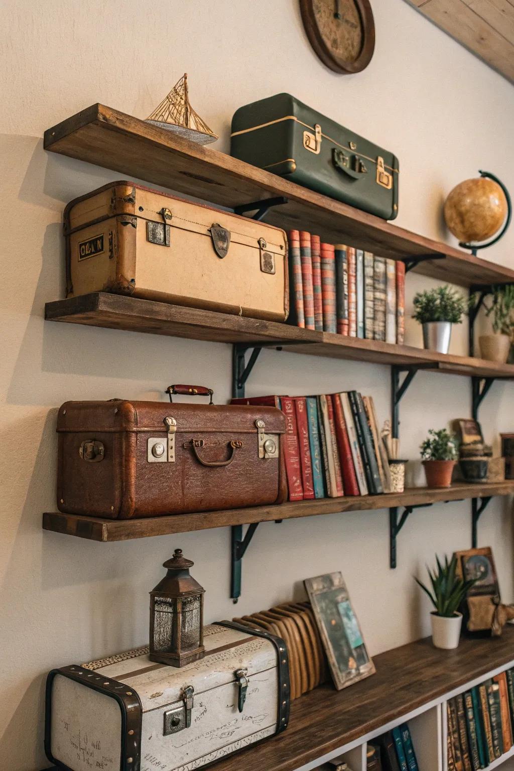 Charming repurposed suitcases act as shelves.