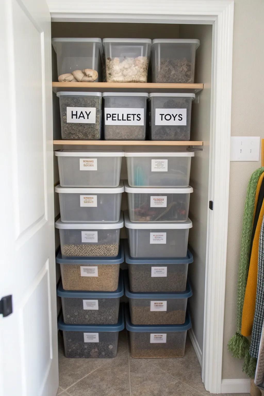 Neatly stacked storage bins, each labeled for effortless organization of all rabbit provisions.