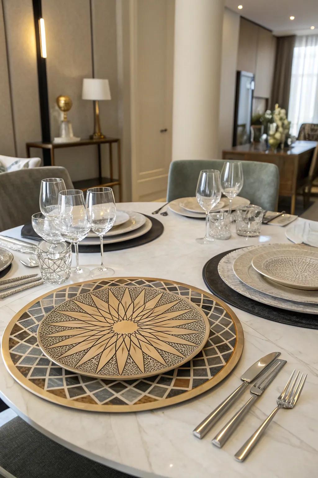 A dining table embellished with a geometric radial design centerpiece.