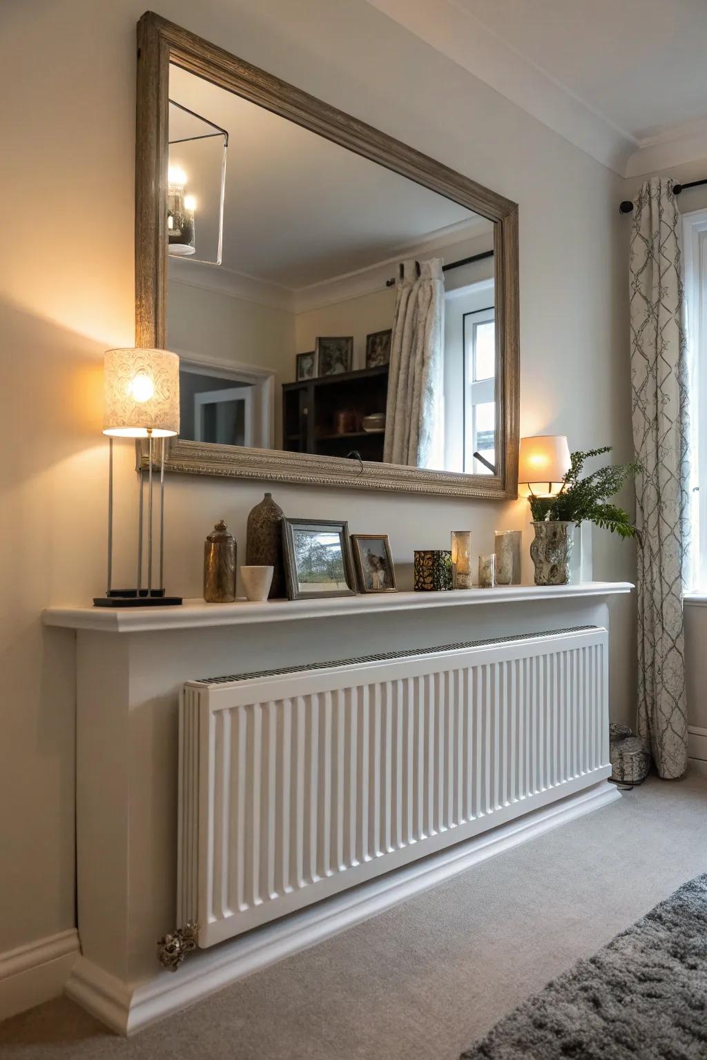 A looking glass above the radiator shelf can significantly brighten and expand your space.