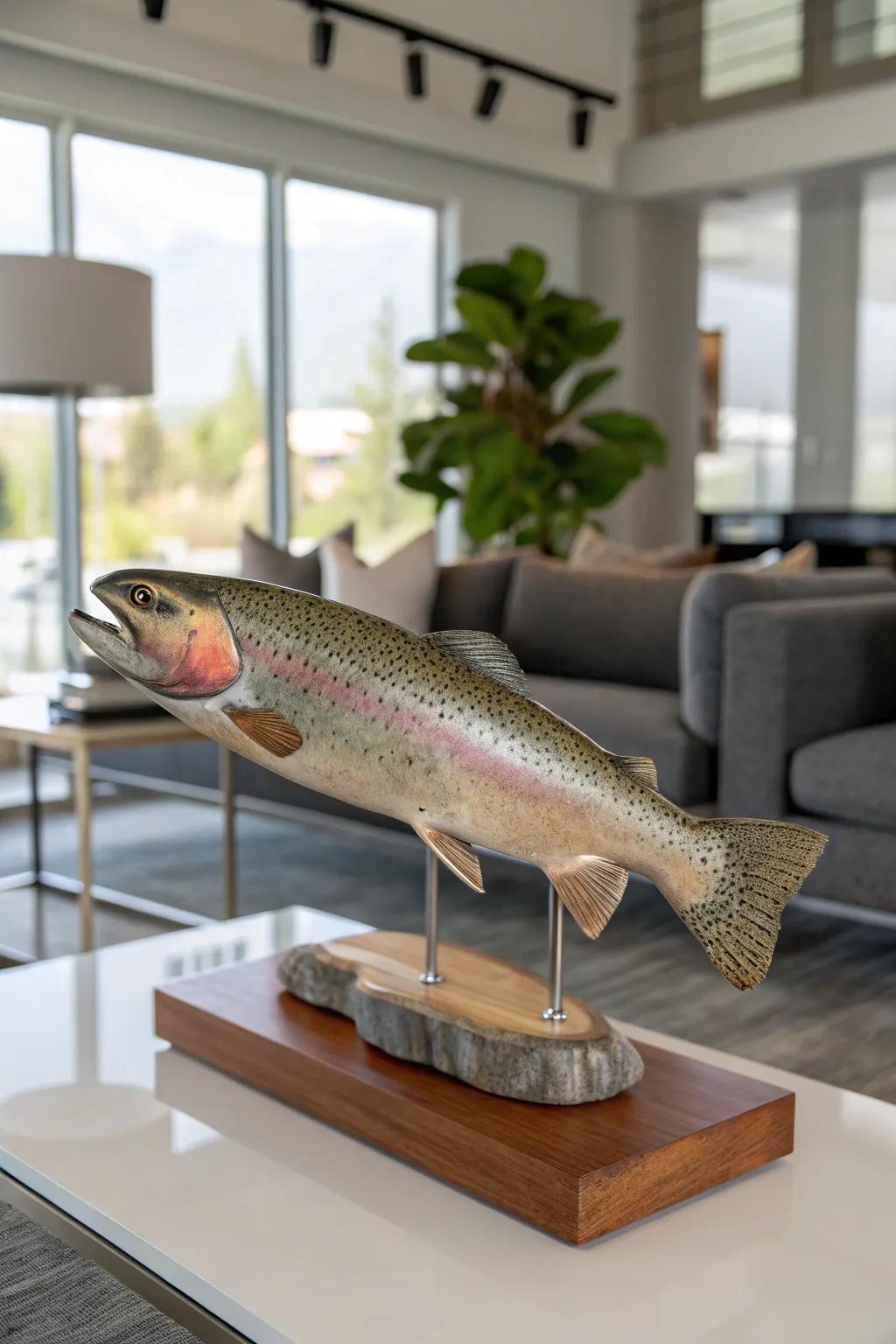 A burnished wood platform elevates the sophisticated display of a rainbow trout.