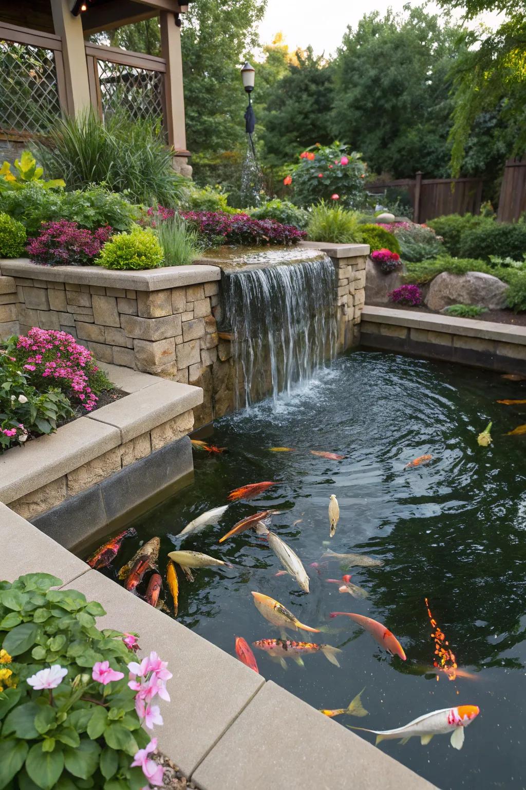 An elevated koi pond enhanced by a pouring waterfall.