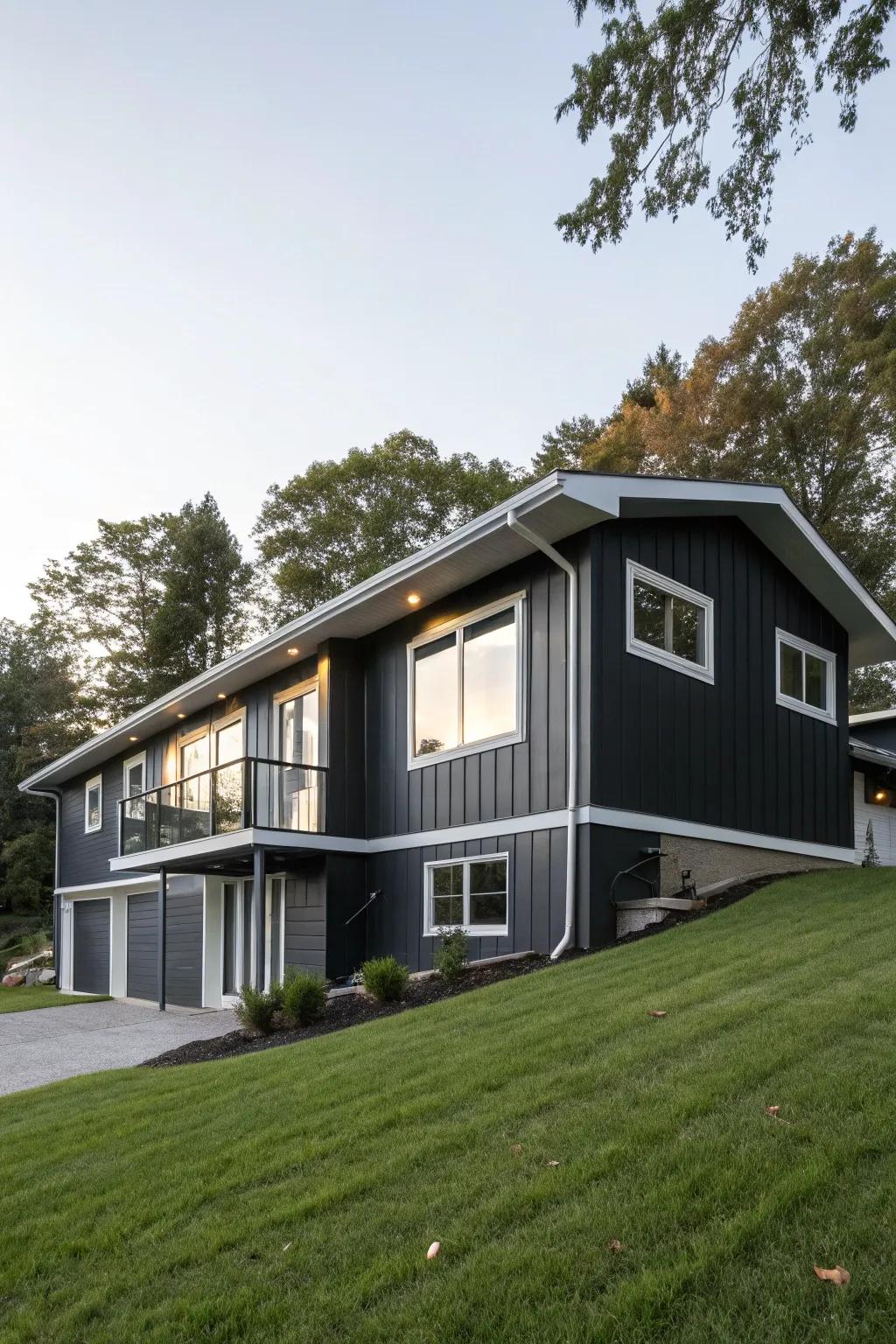 A modern raised ranch boasting a stunning charcoal and white exterior palette.