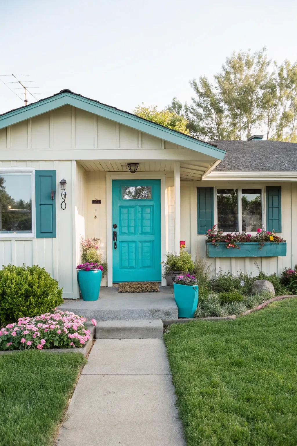 A teal entrance door infuses vibrancy and character into this ranch-style residence.