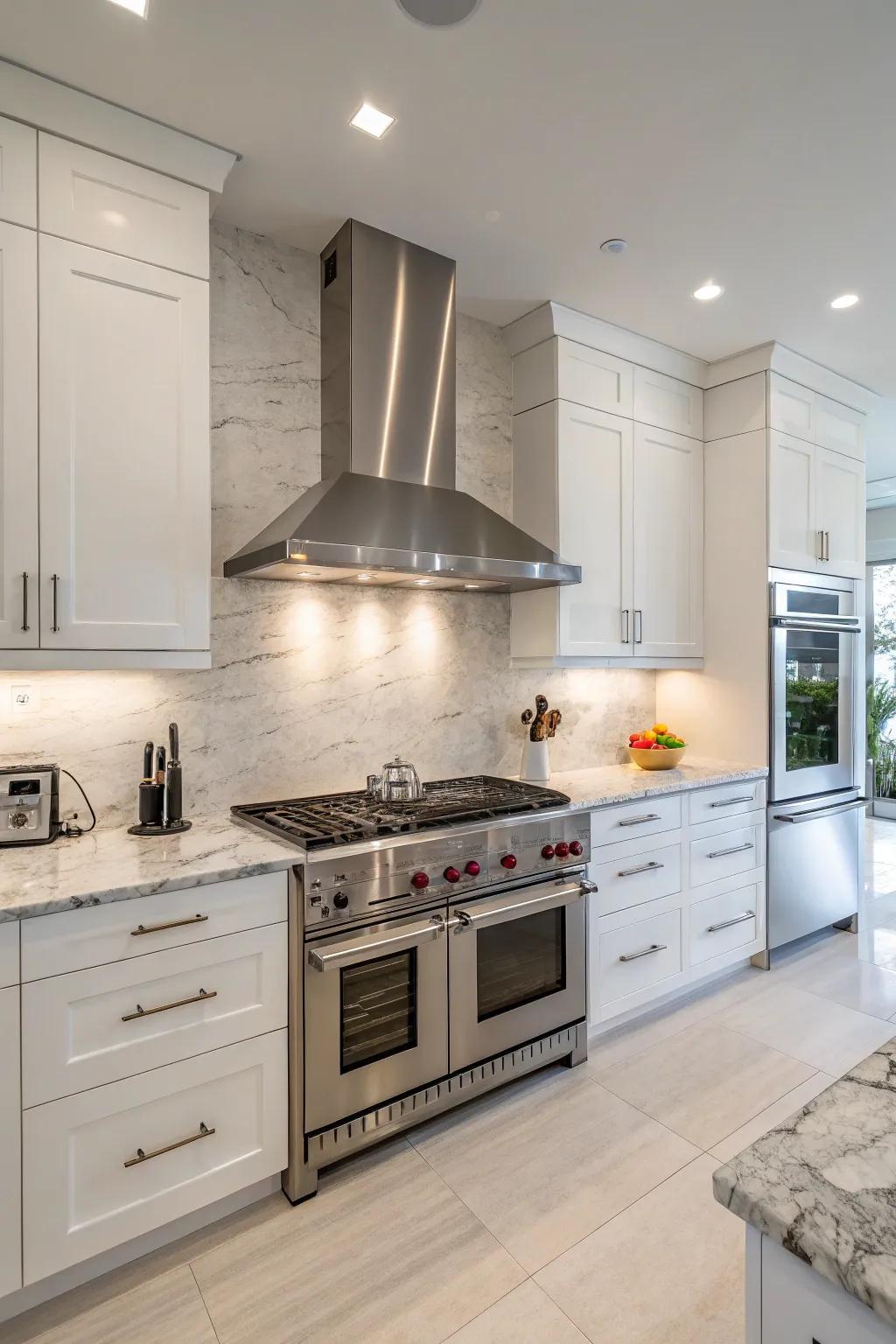 Chic and up-to-date metal plated range hood ideal for a modern kitchen setting.