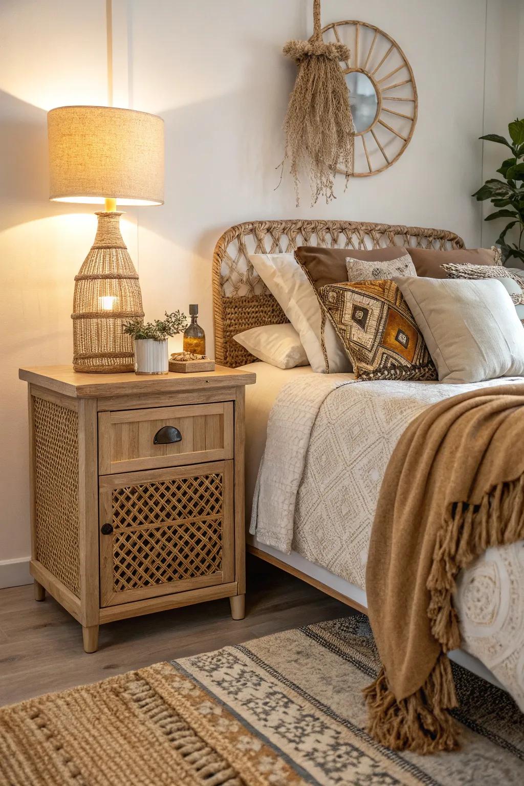 A rattan nightstand enhances the bedroom's organic aesthetic.