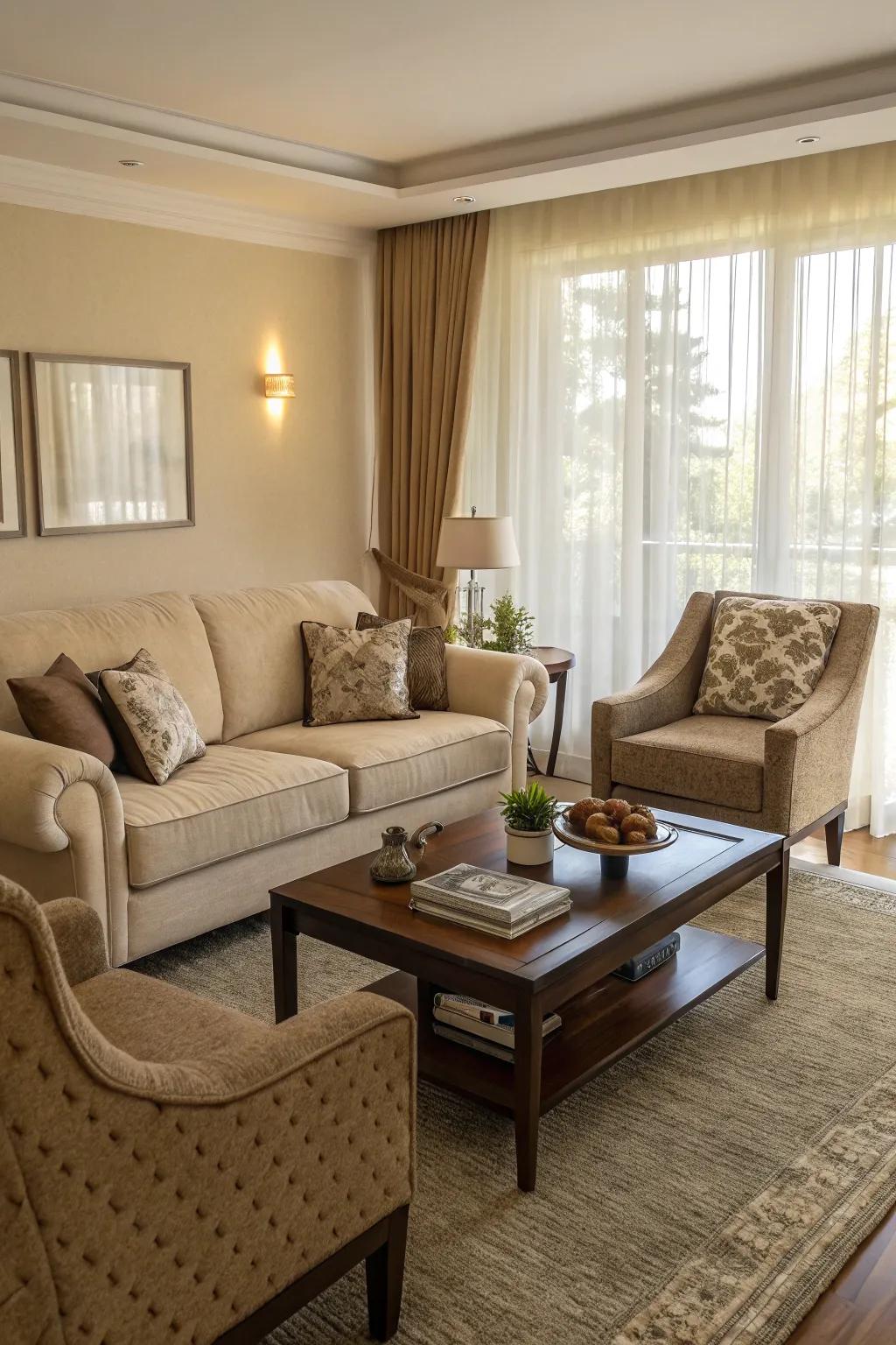 A snug and inviting seating layout, perfect for relaxing.