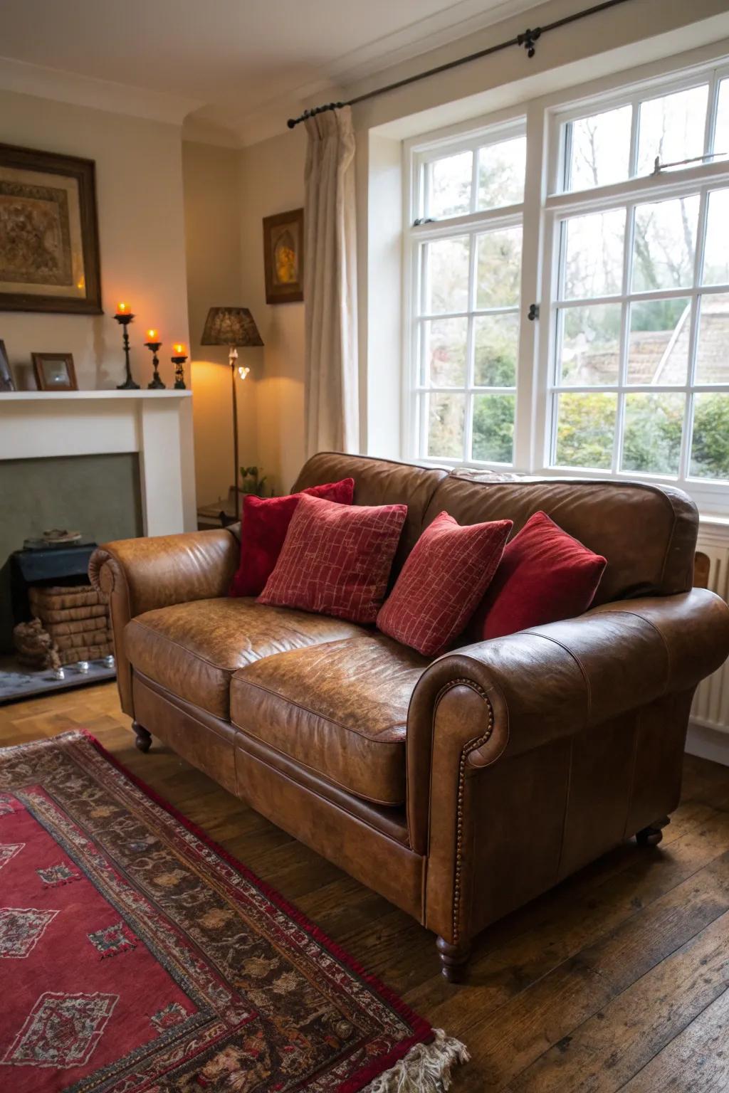 Chestnut furniture with scarlet highlights composes a warmly inviting scene.