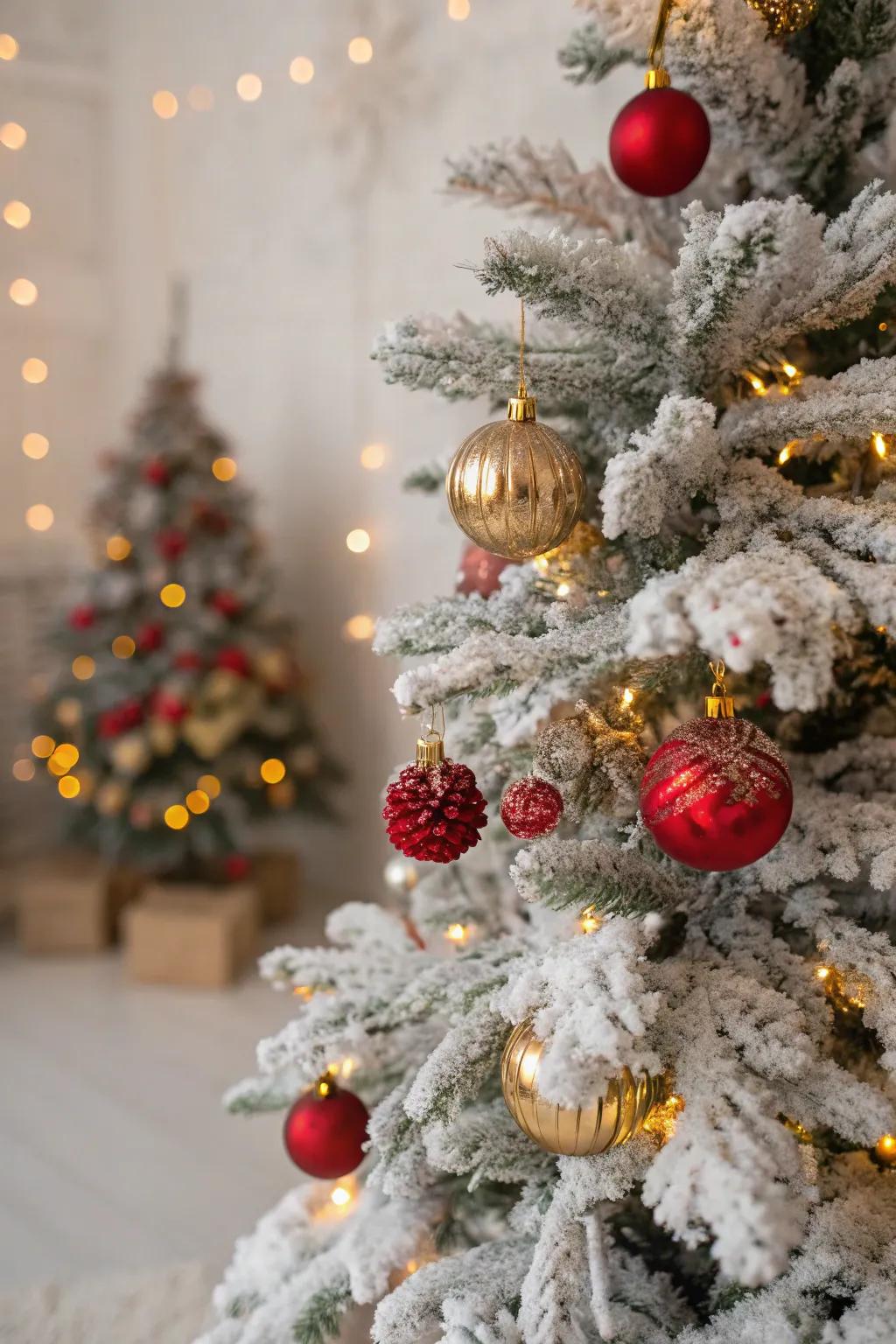 A snow-kissed Christmas tree with crimson and golden adornments for a winter wonderland sensation.