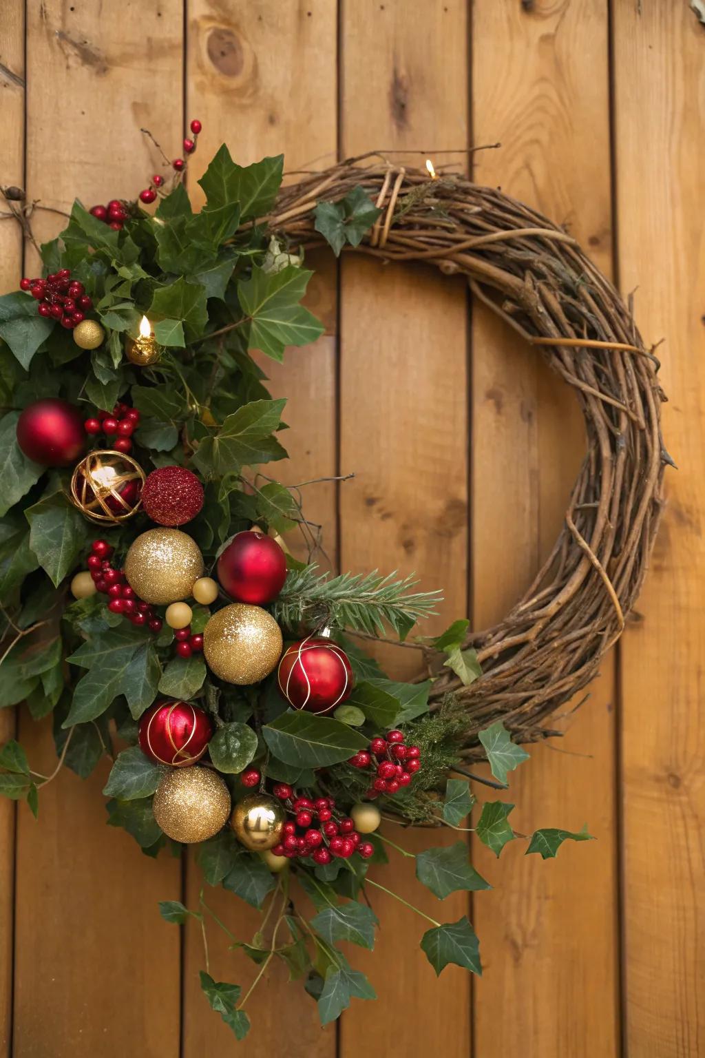 Country charm showcased through twigs and festive adornments.