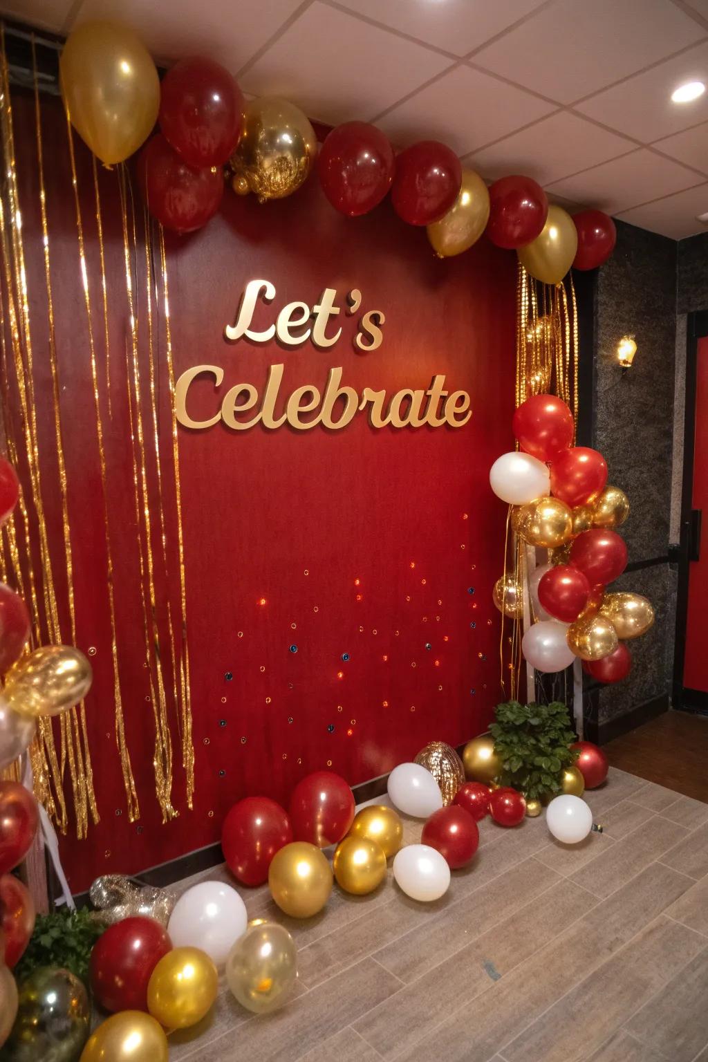 A themed backdrop featuring gilded lettering adds an element of refinement to the celebration.