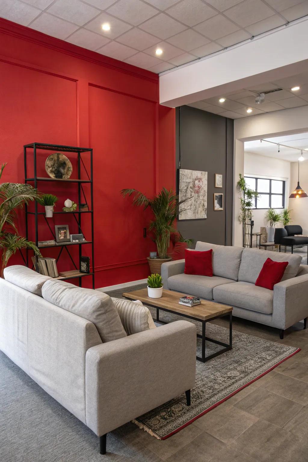 A bold crimson feature wall beautifully complements the grey decor.