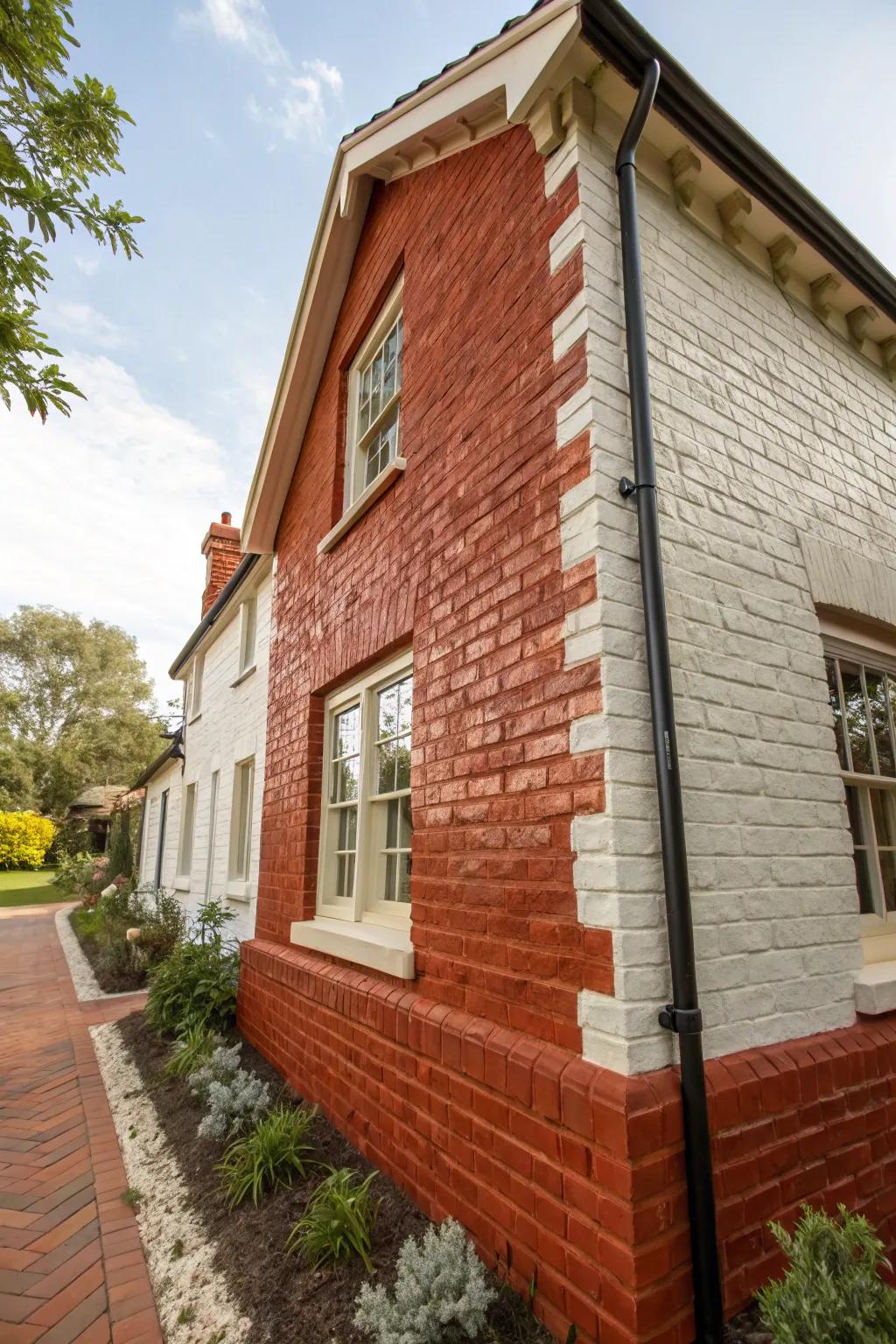 A red brick home adorned with limewash, showcasing subtle color interplay and textured richness.