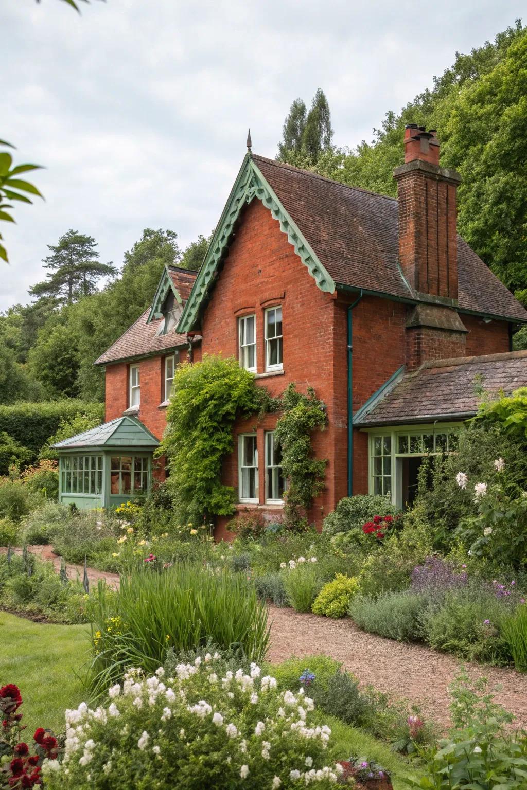 Moss green trim adds a natural and sophisticated touch to red brick homes.