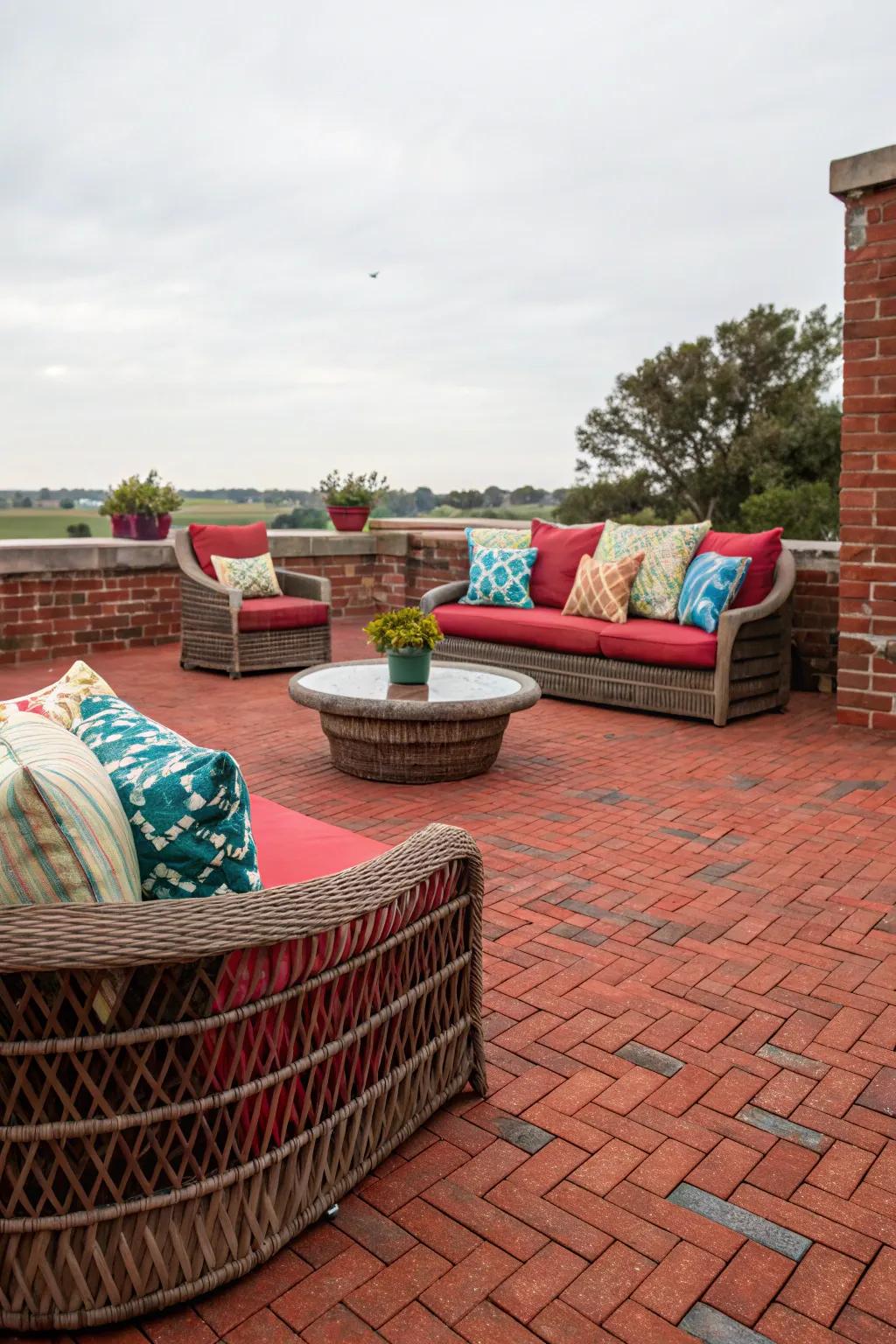 Comfortable seating arrangements atop a red brick patio