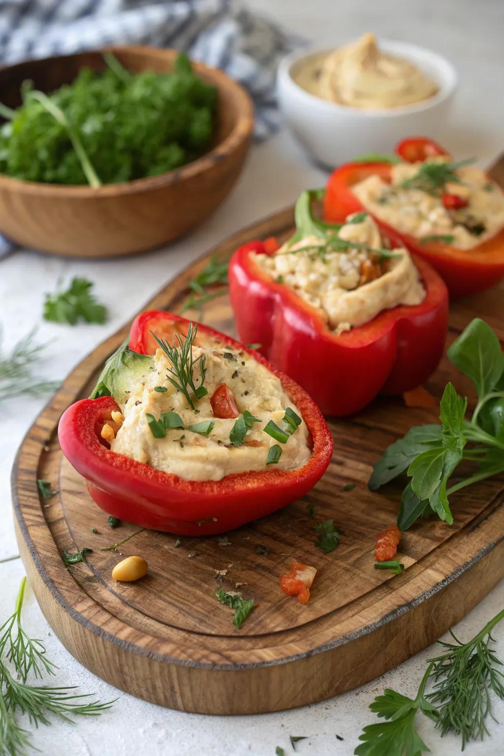 Red bell pepper hummus cups present a nourishing and visually attractive snack choice.