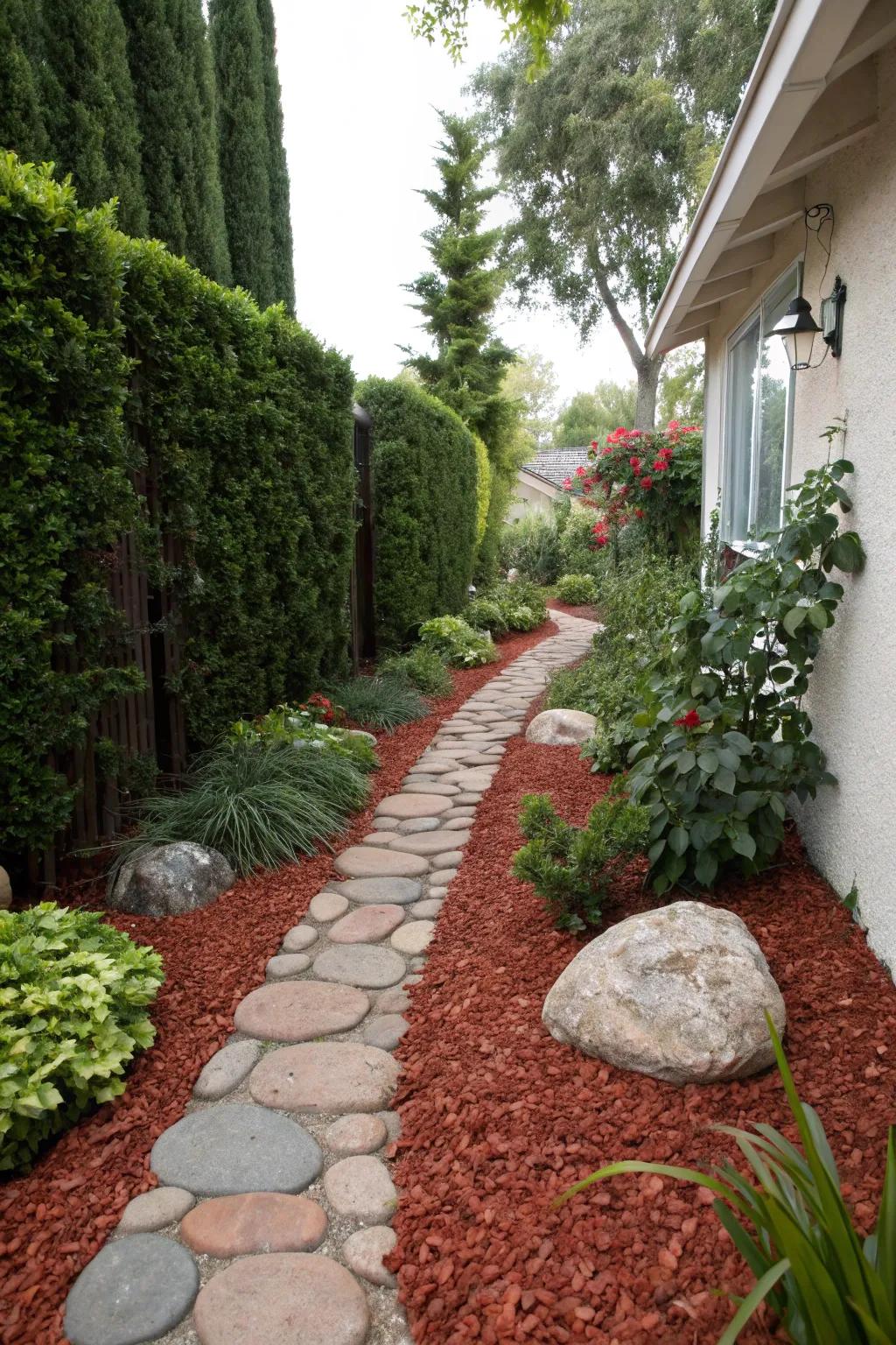 Vibrant mulch defines garden paths, adding both aesthetic appeal and practicality.