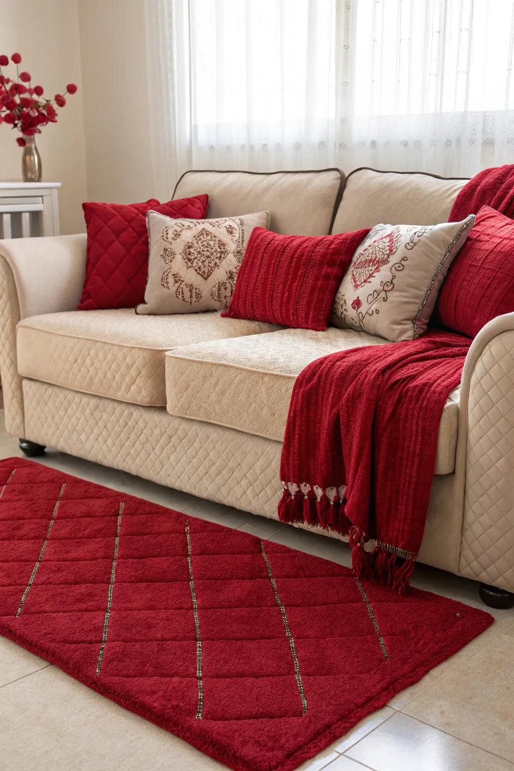 An inviting seating area enhanced with scarlet accents that add a feeling of warmth.