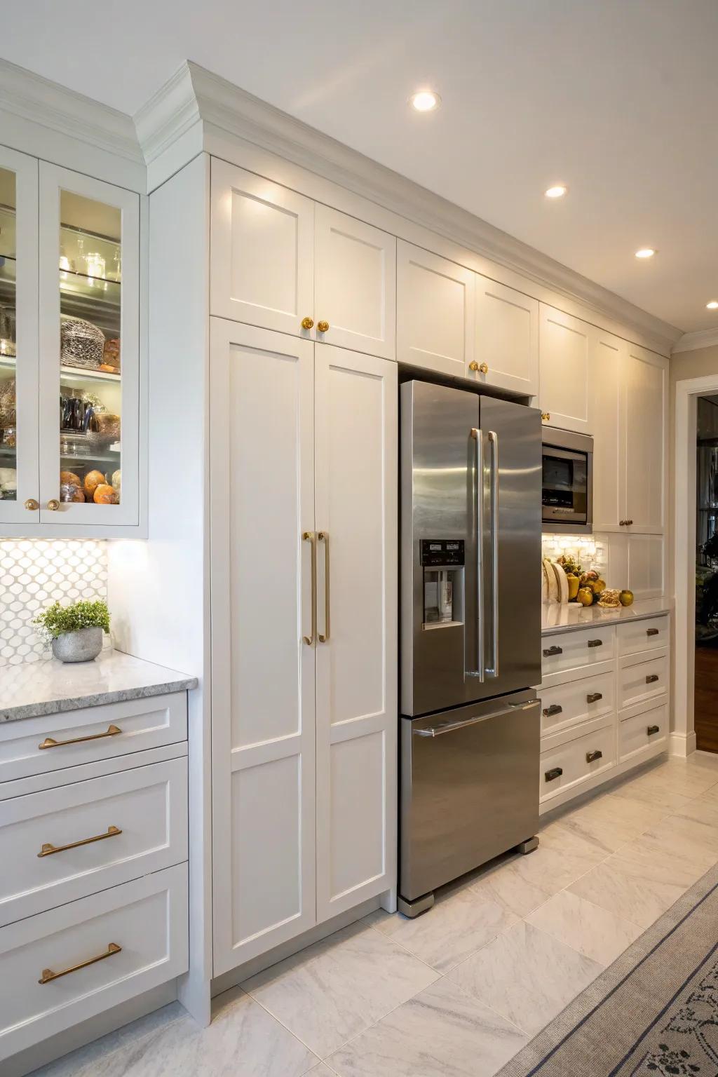 Custom-made cabinetry embraces a refrigerator for a refined kitchen aesthetic.