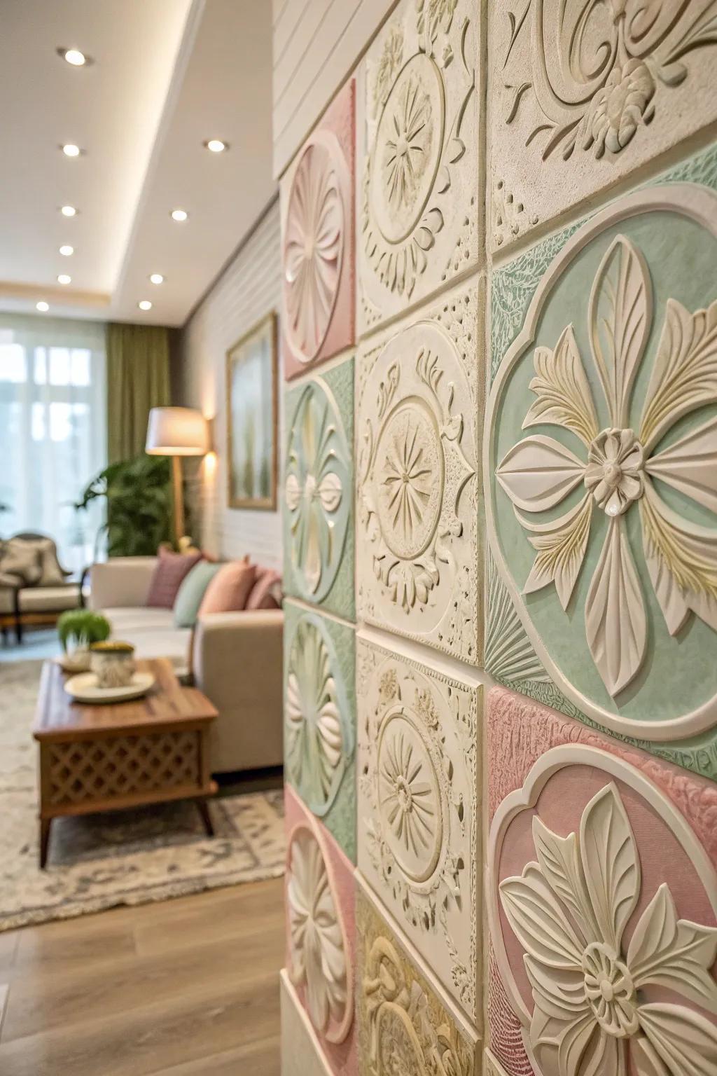 Pastel floral textured tiles fashion a dreamy living area.