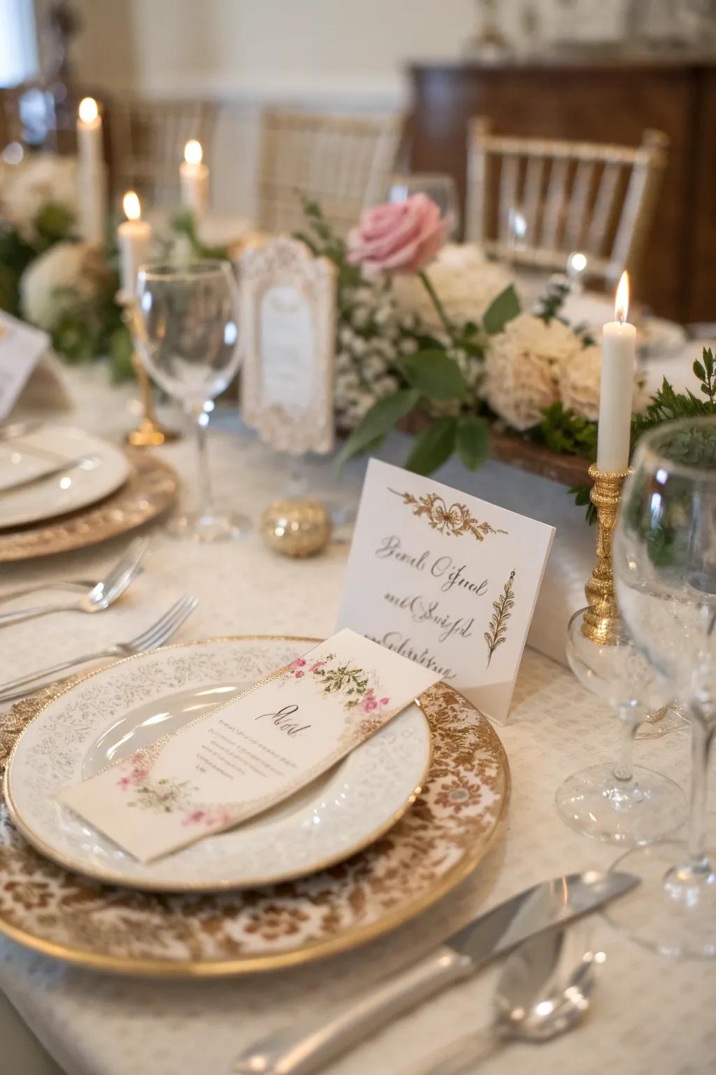 Place cards showcasing scripture excerpts introduce a personal element.