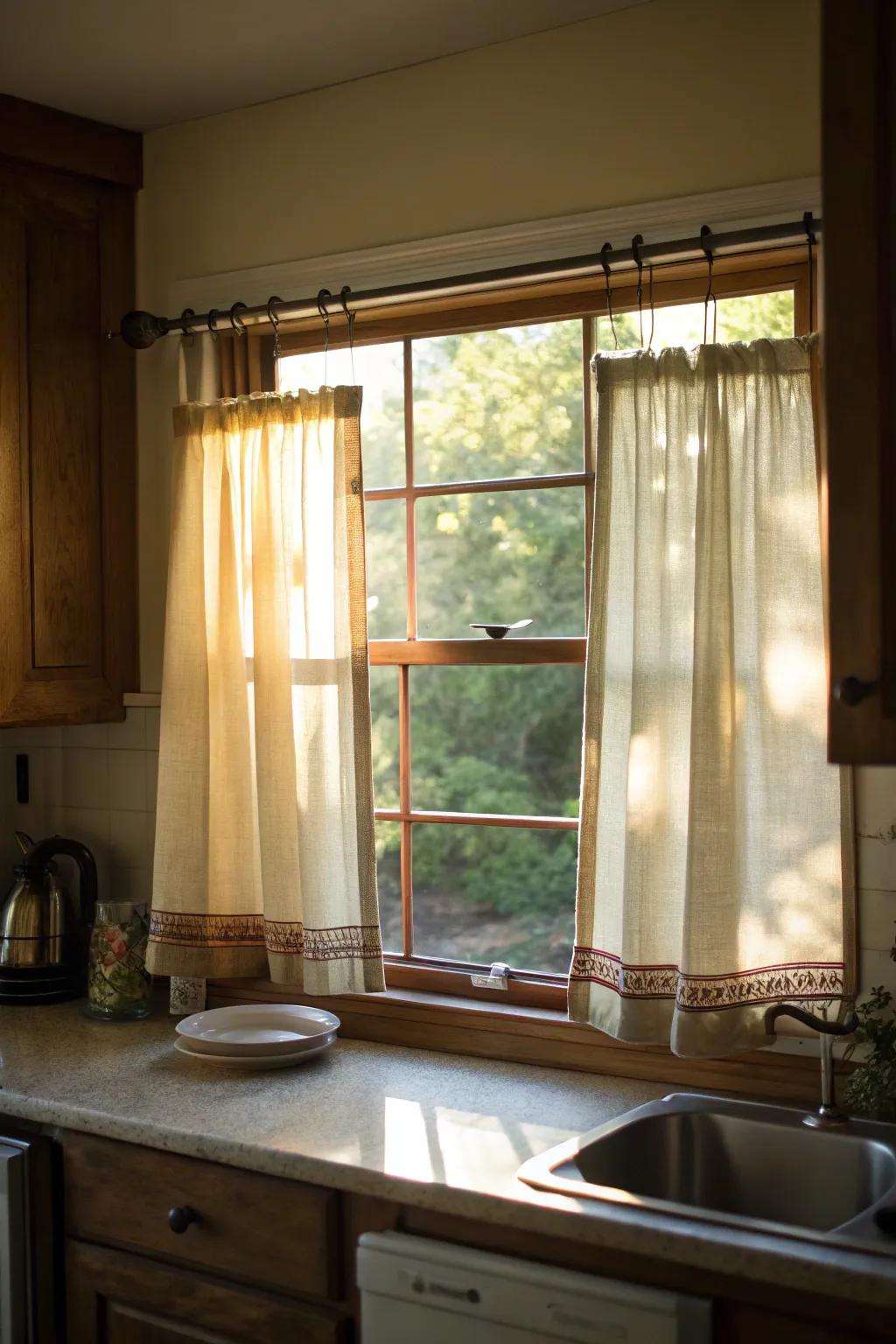 Delightful bistro curtains suspended with a spring rod, a no-drill solution.