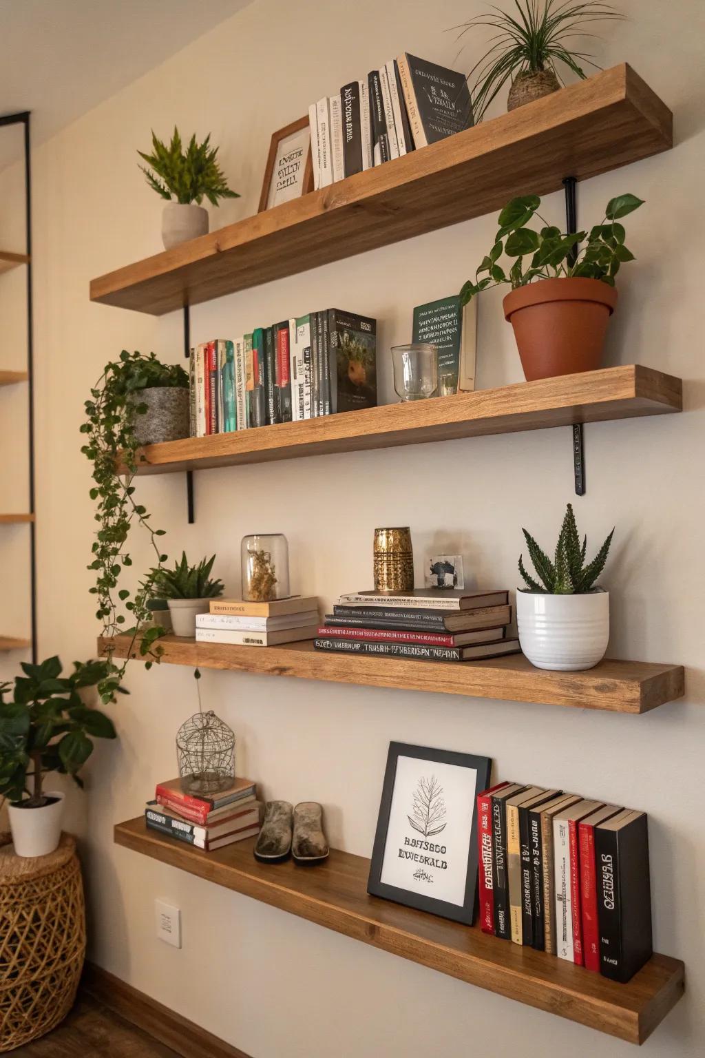 Wall-mounted shelves provide stylish storage options.