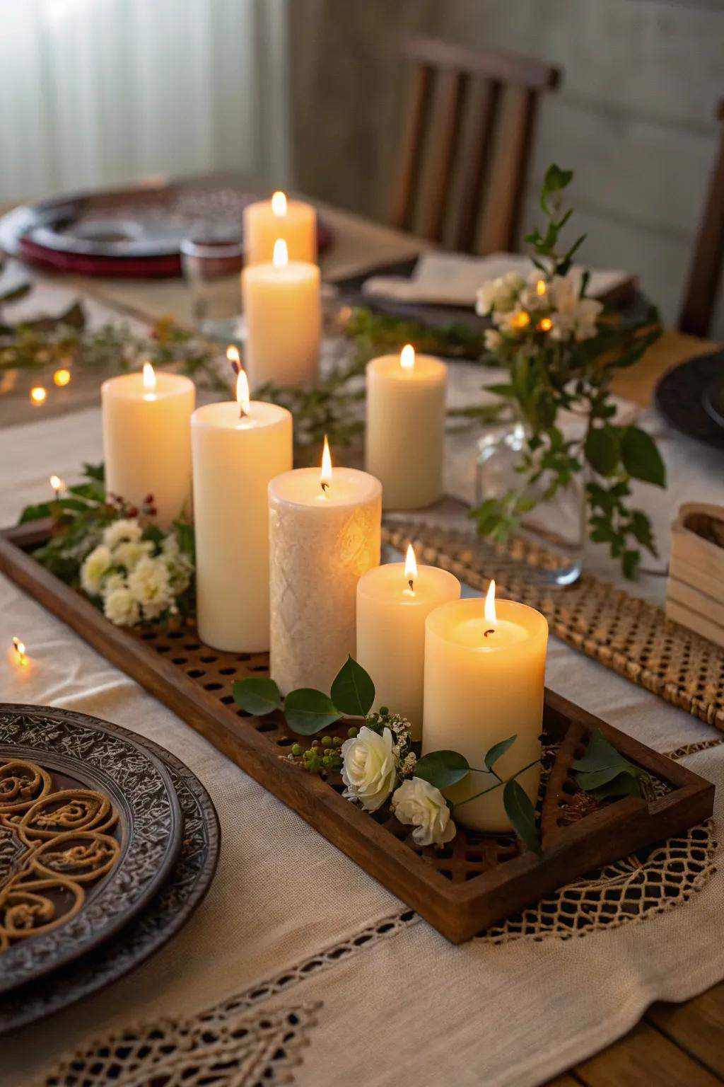 A tranquil table arrangement illuminated by gentle lights.