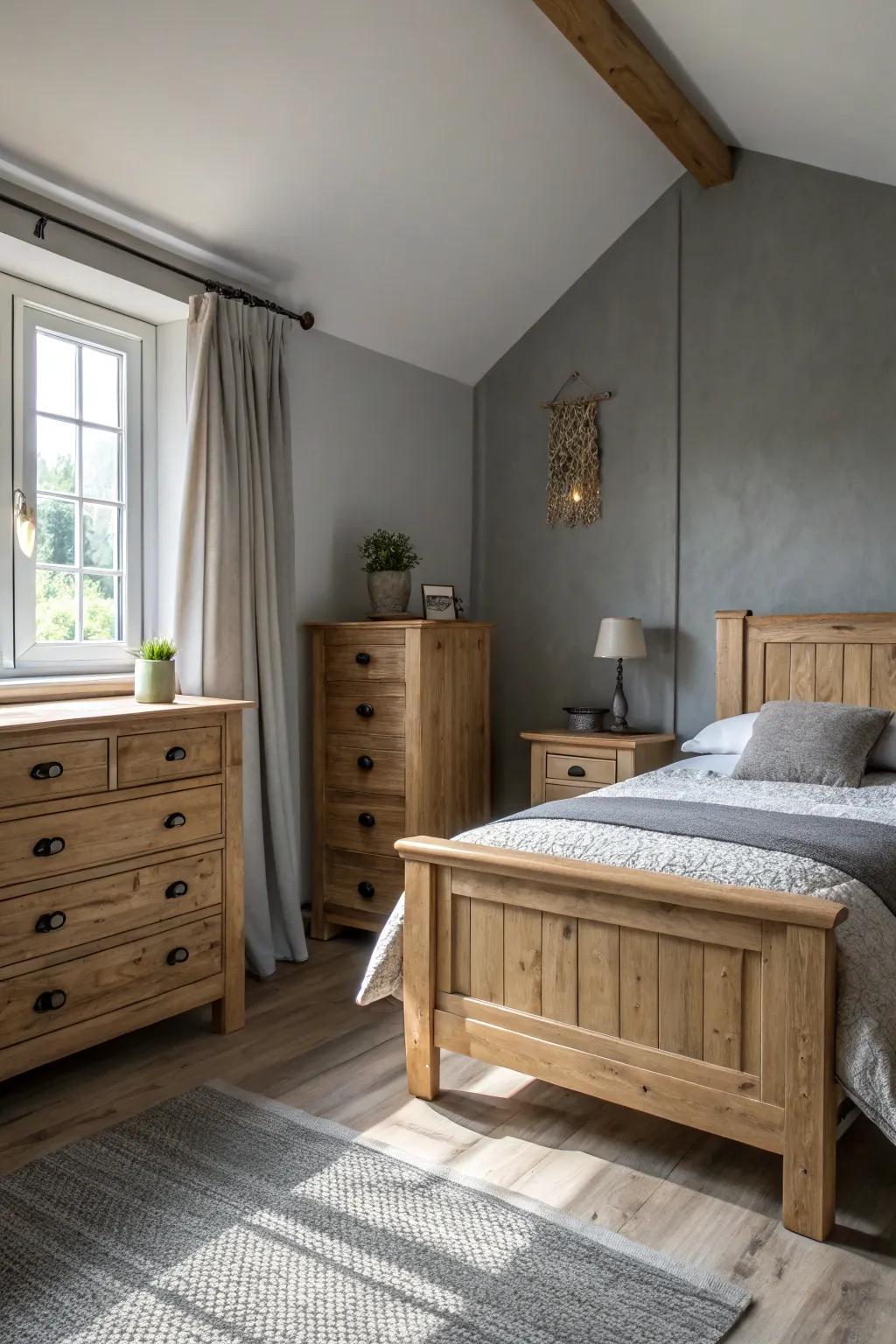 Pale wood furnishings establish a captivating contrast alongside repose gray walls.