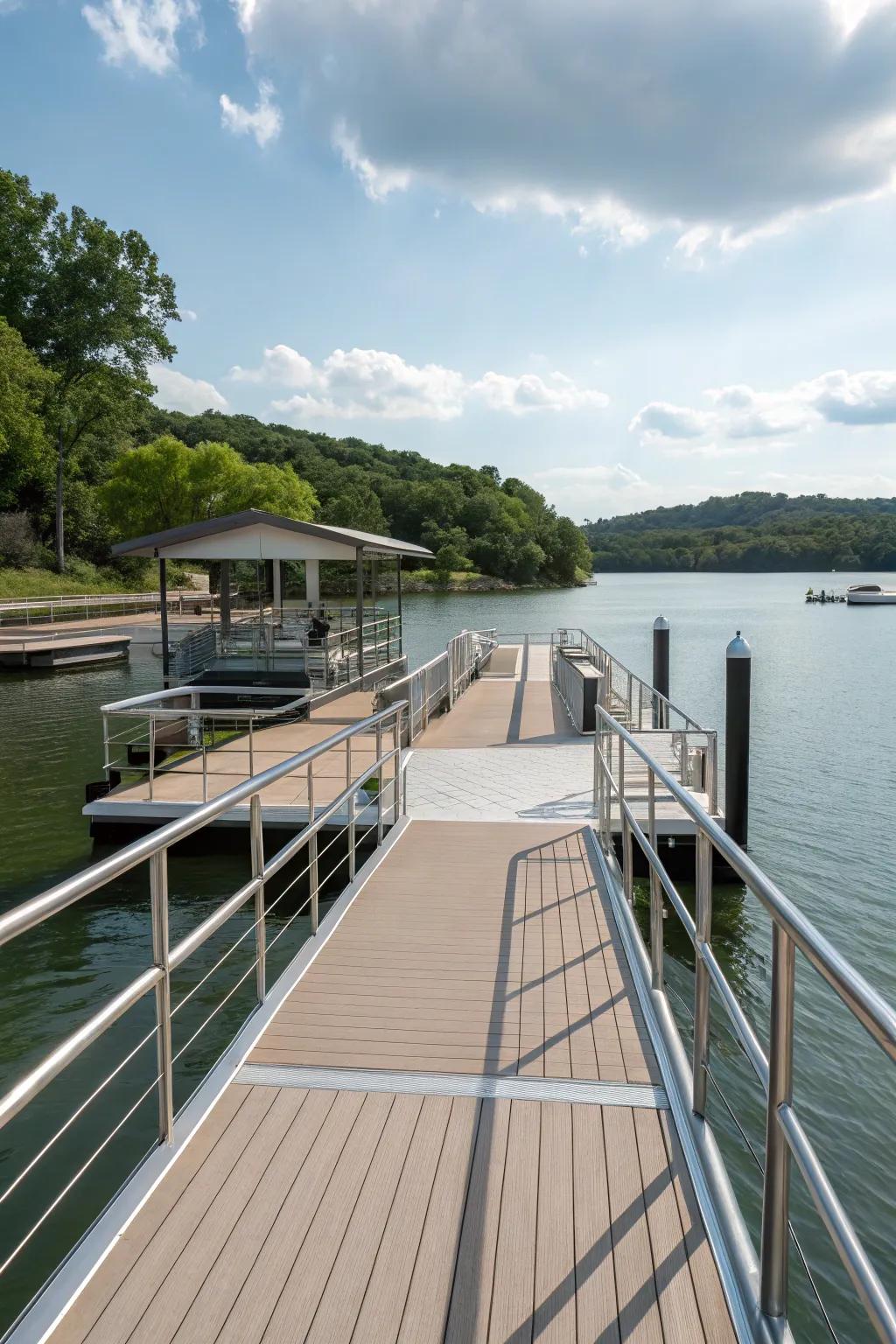 A chic dock design showcasing modern materials for a cutting-edge appeal.