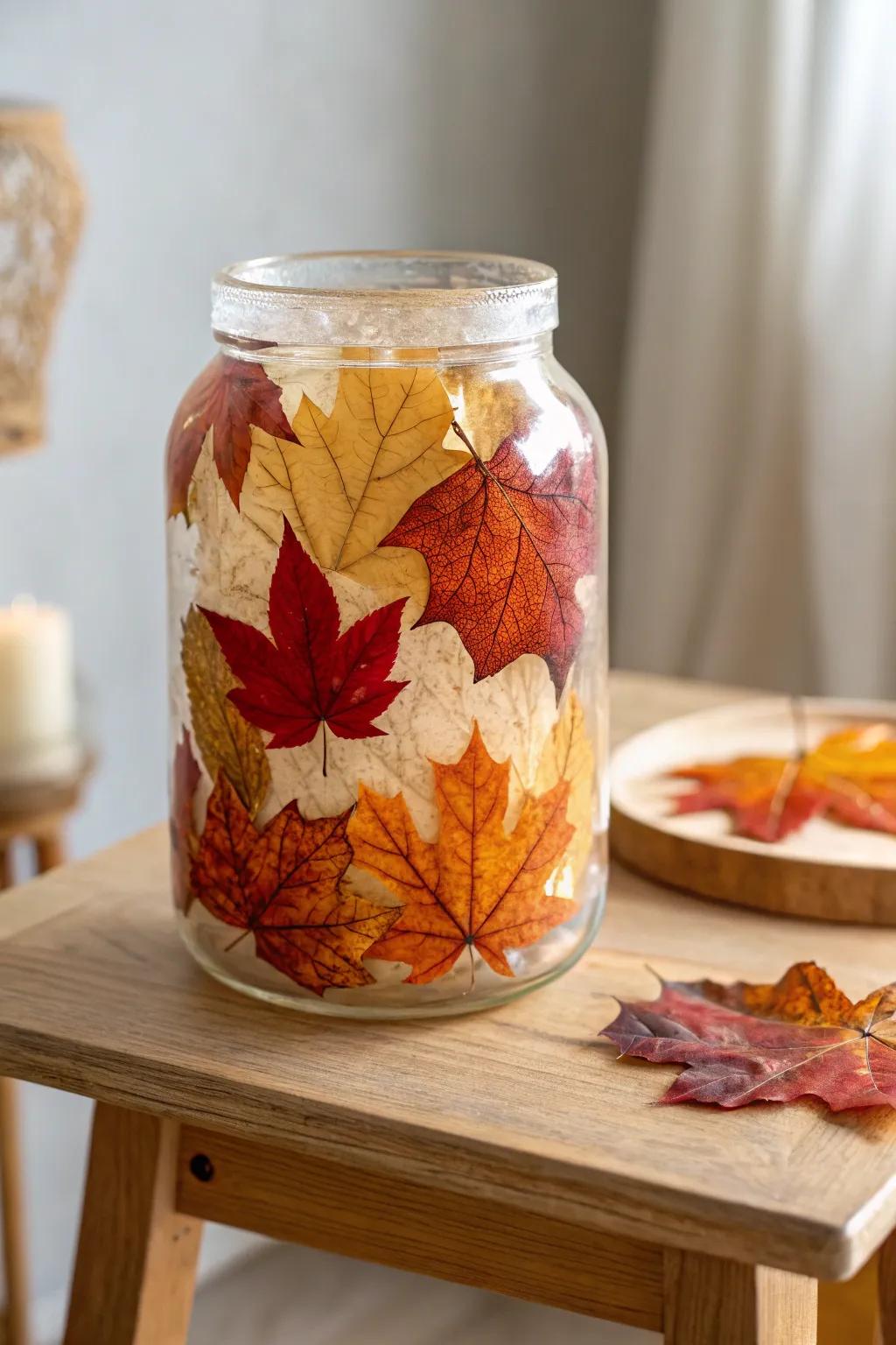Celebrate the refinement of nature with this artisanal resin jar, safeguarding the allure of autumn leaves in minimalist grace.