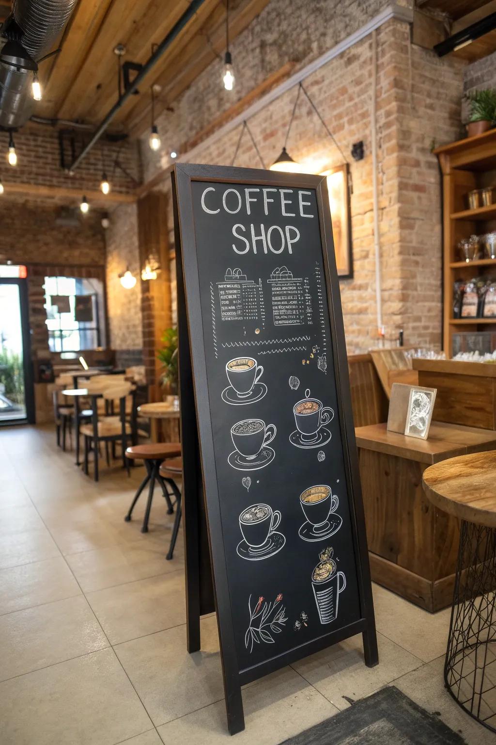 An enchanting coffee-themed chalkboard with artistic drawings of cups and coffee selections.