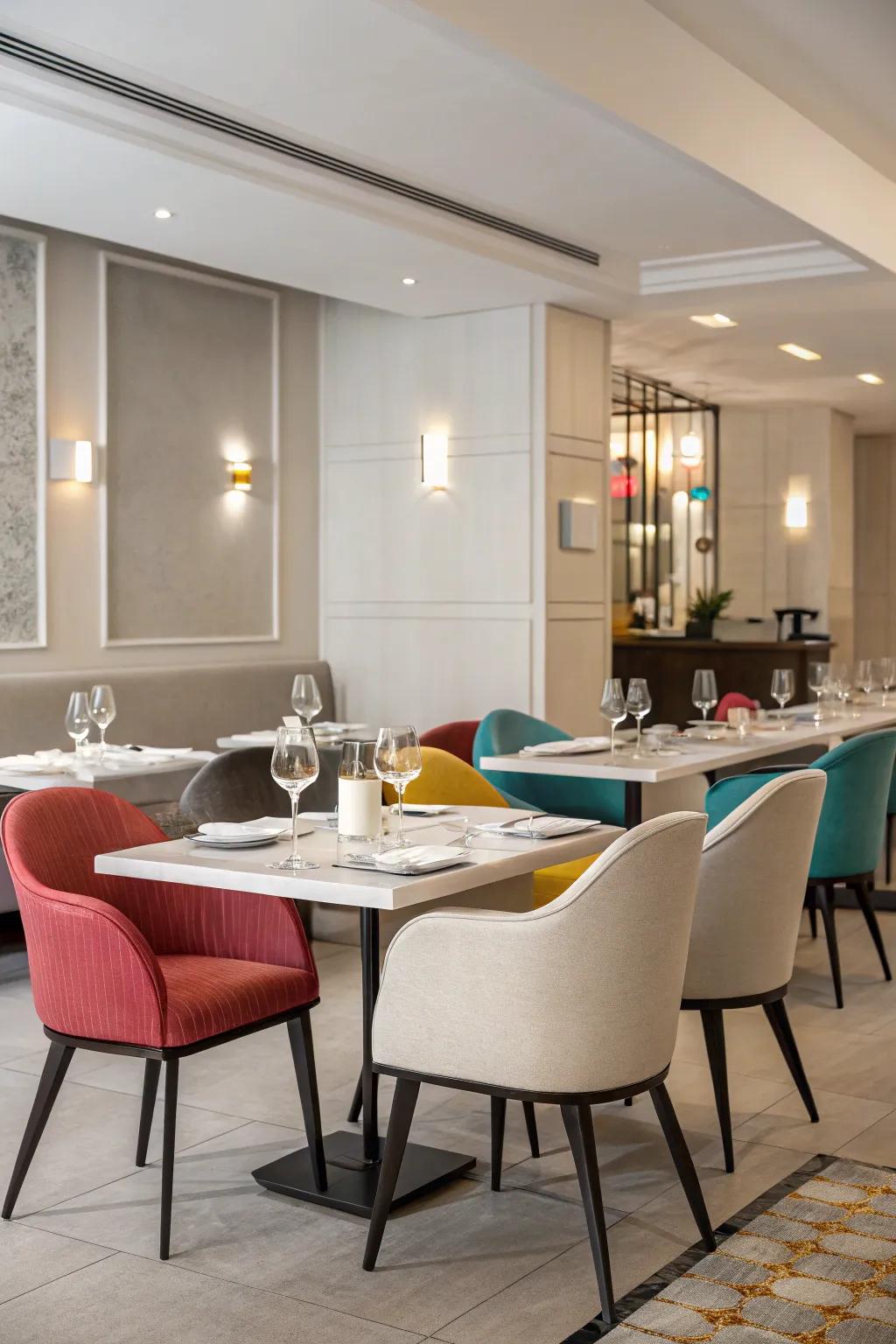 A modern, minimalist restaurant where neutral tones meet vibrant pops of color.