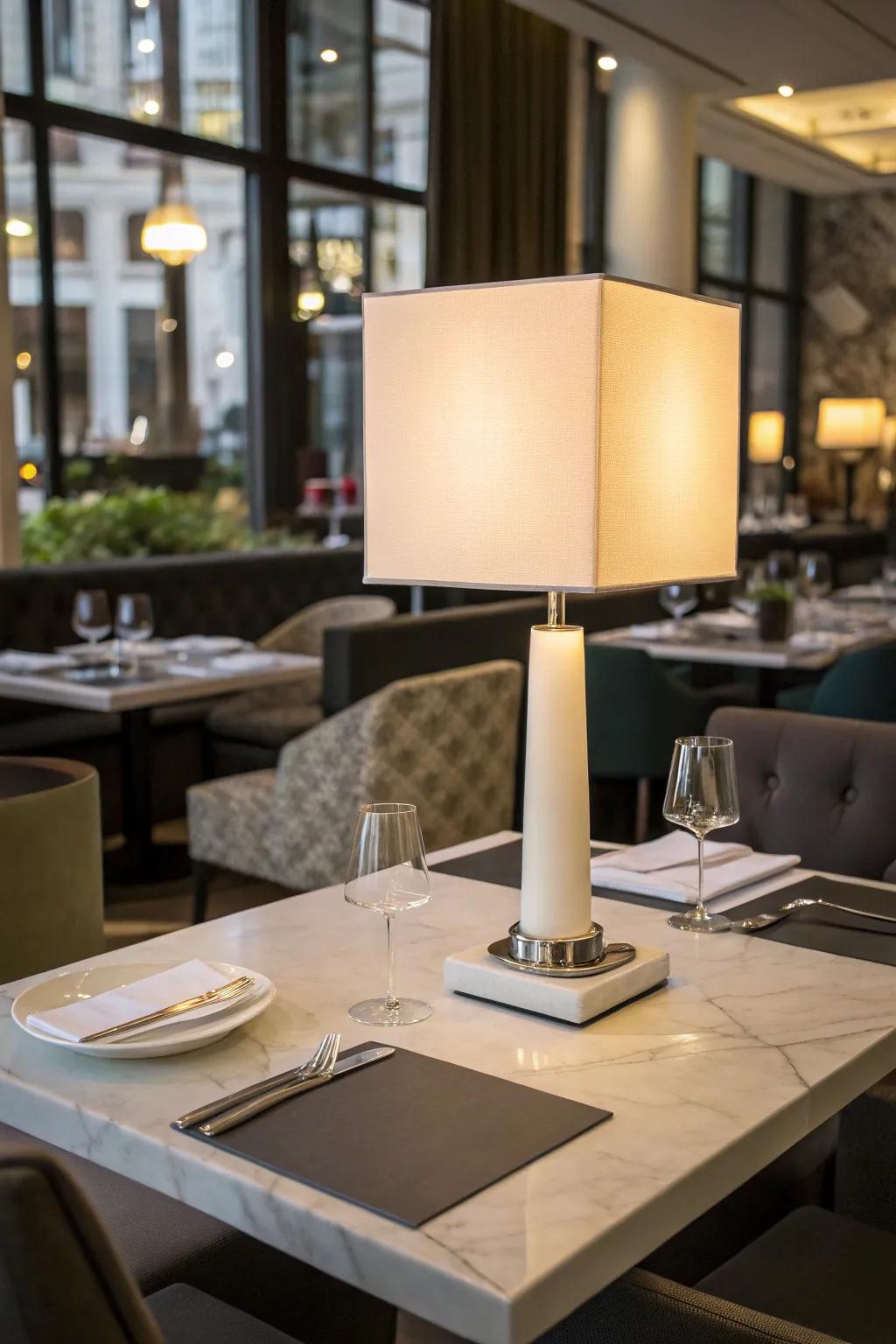 A modern minimalist table lamp sits upon a polished restaurant table, complementing the contemporary decor.