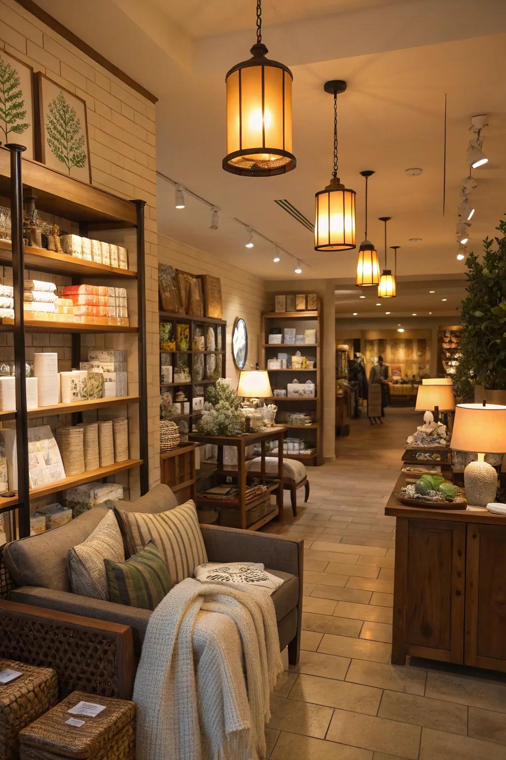 Comfort lighting creating a soft, welcoming vibe in a retail setting.