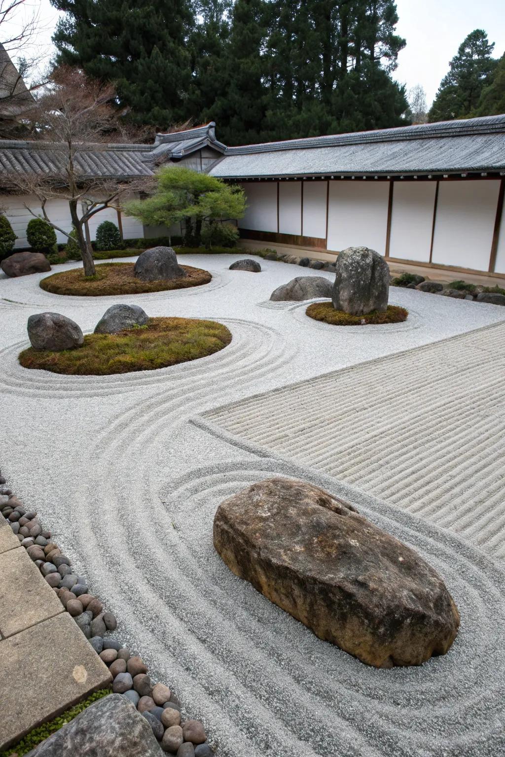 A serene contemplative garden showcasing symbolic rock arrangements for a meditative setting.