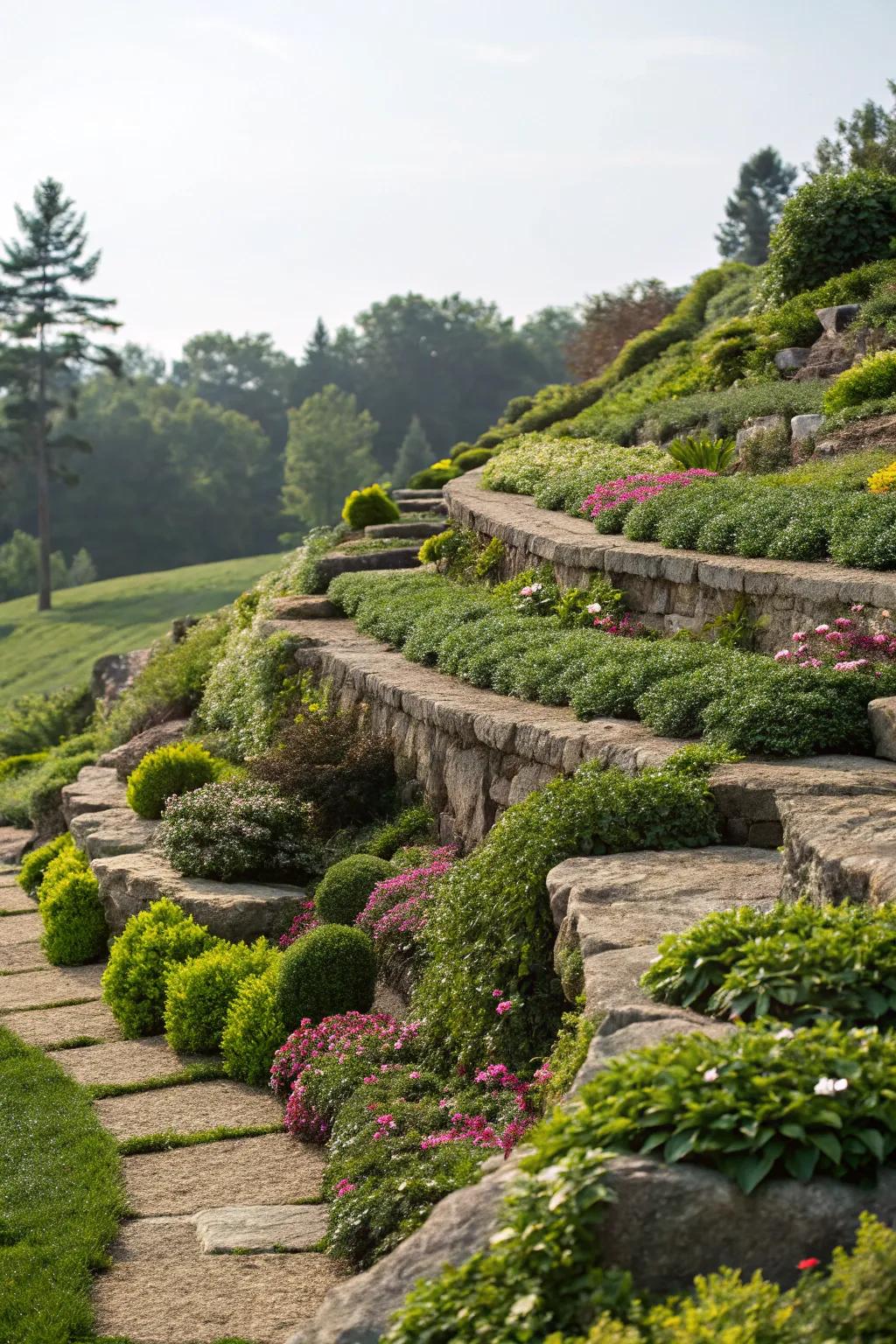 Stone steps fashion tiers of interest and charm.